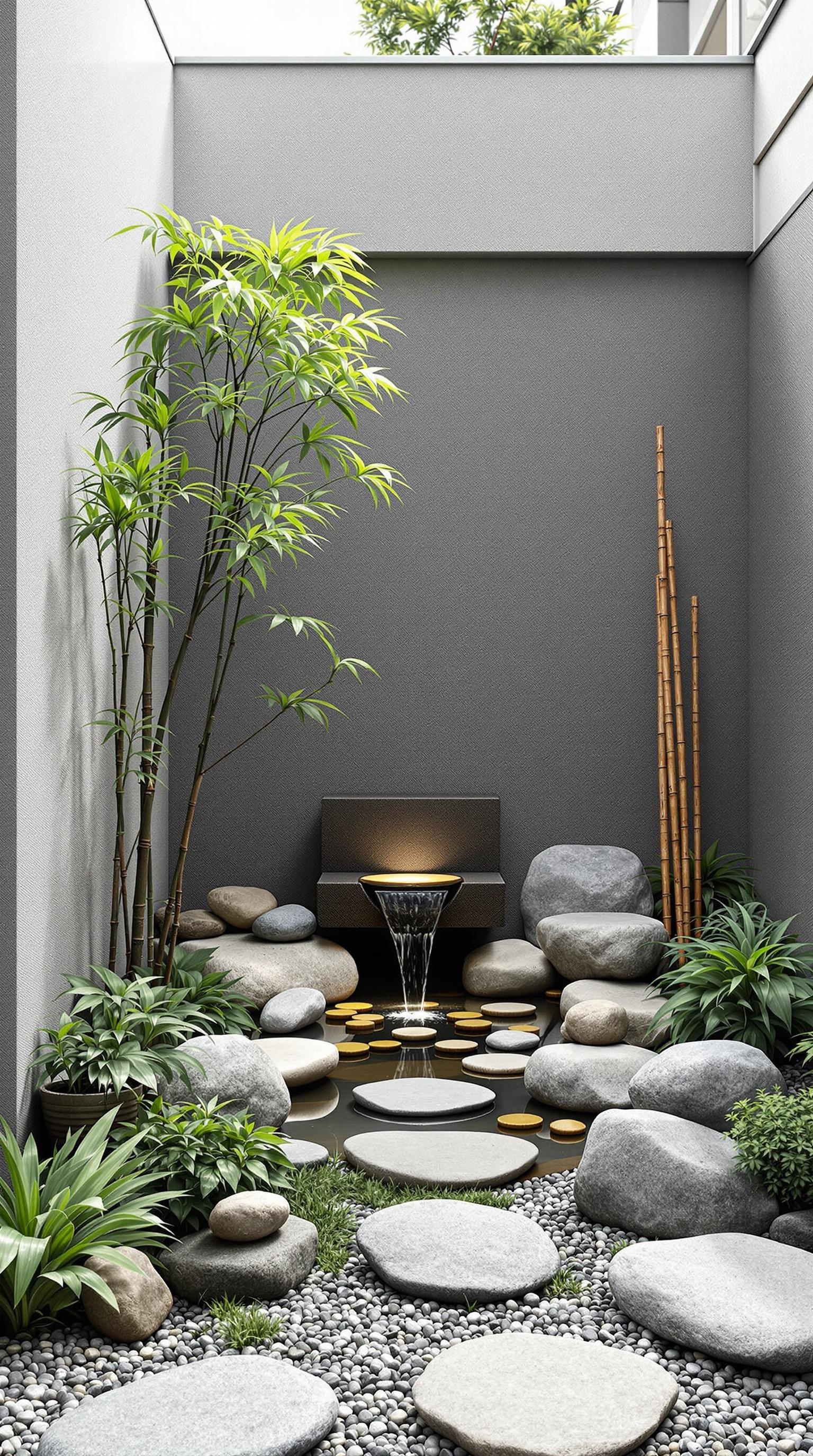 A minimalist Zen garden featuring smooth stones, bamboo, and a water feature.