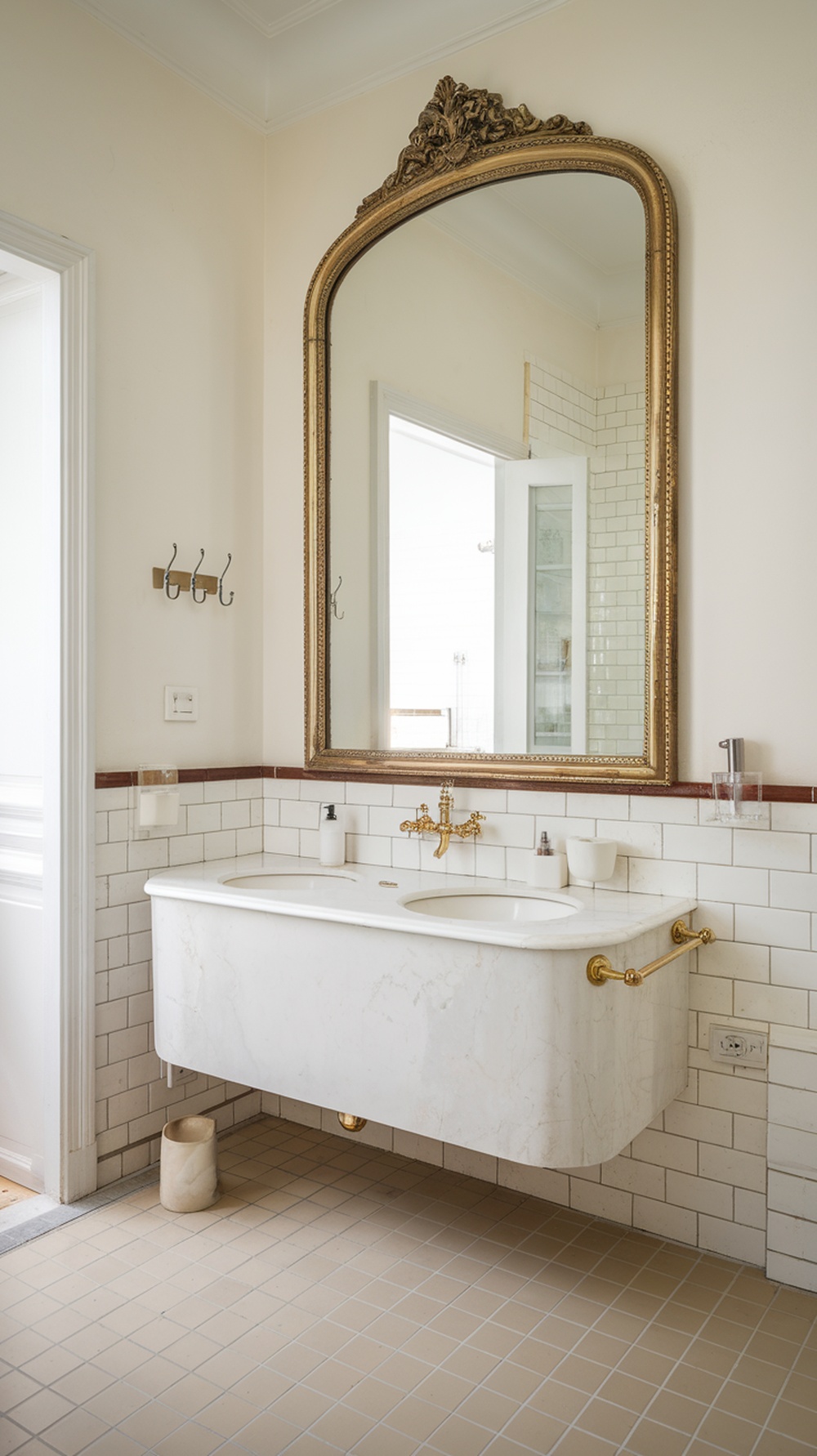 A bathroom with a large ornate mirror and a marble sink.