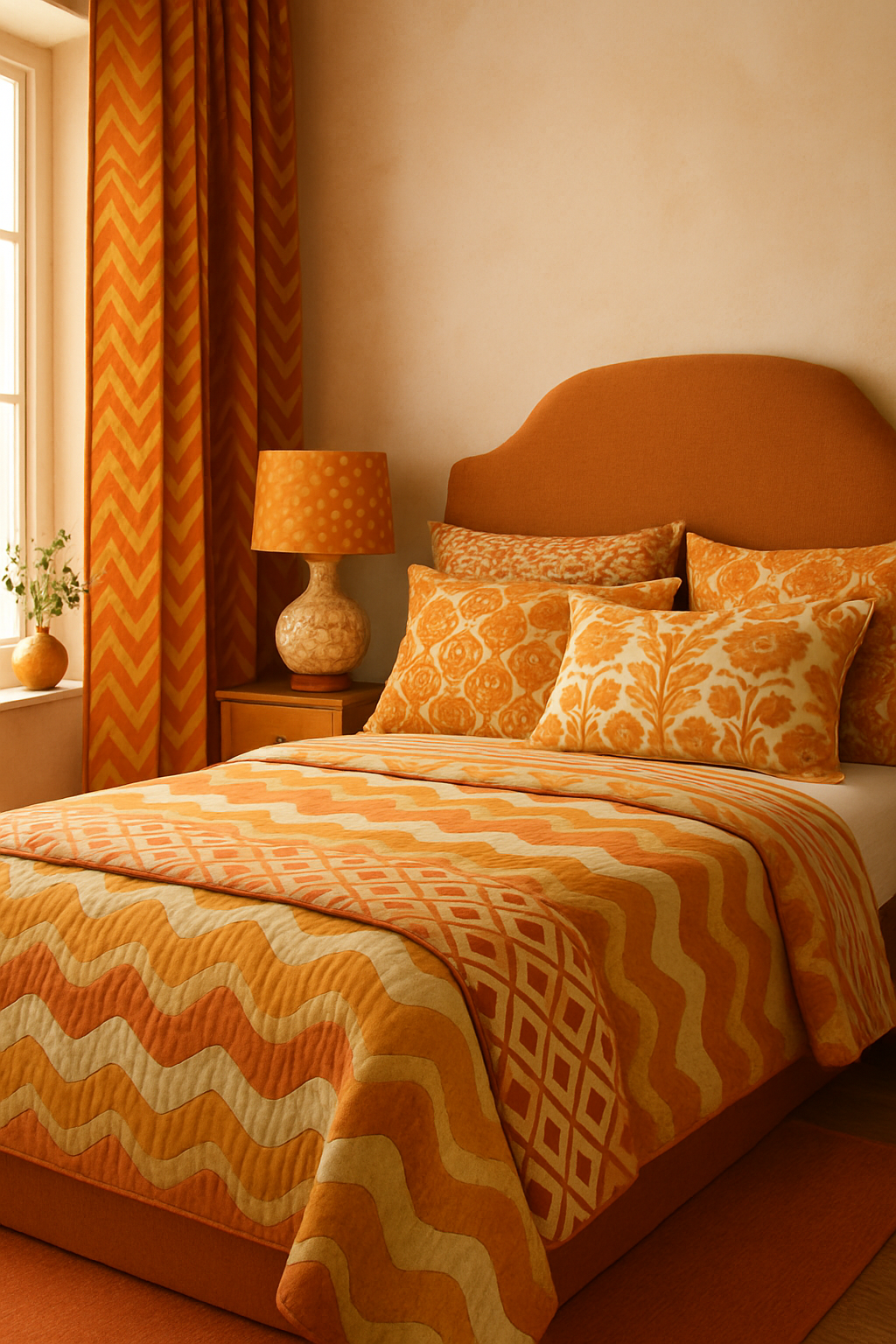 A cozy orange bedroom featuring a quilt with wavy and geometric patterns, chevron curtains, and playful accessories.
