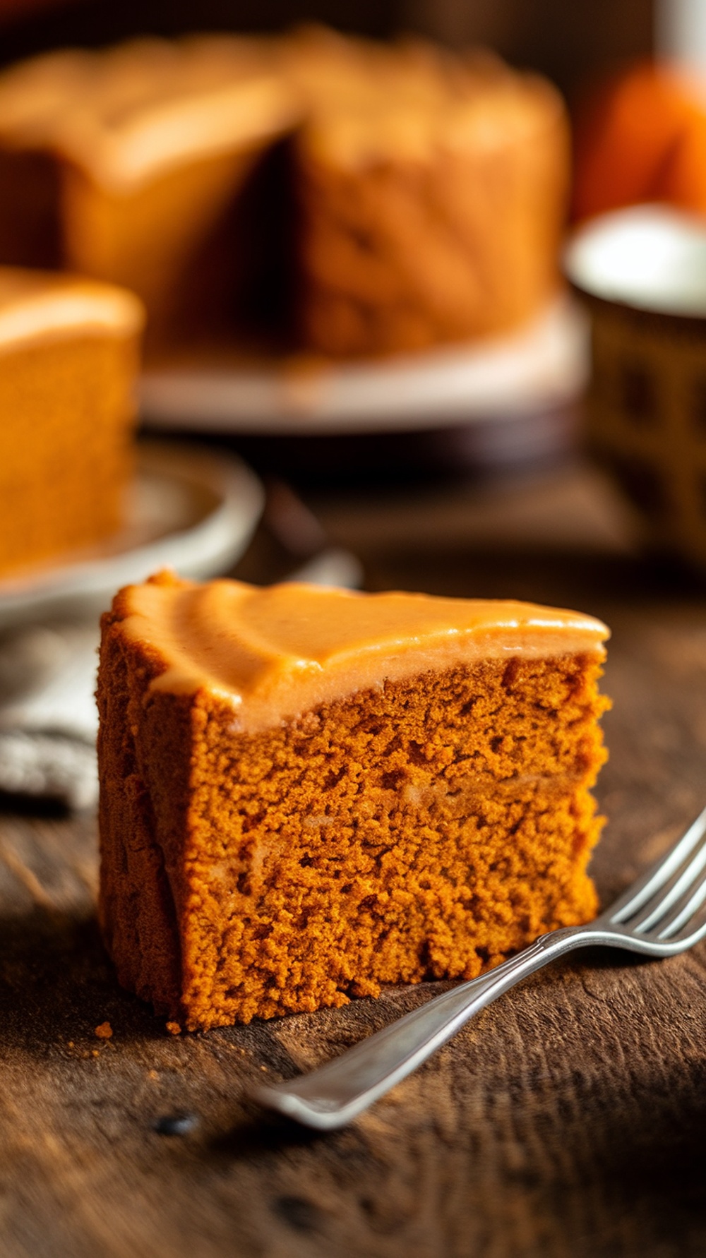 A slice of moist pumpkin spice cake with frosting on a wooden table.
