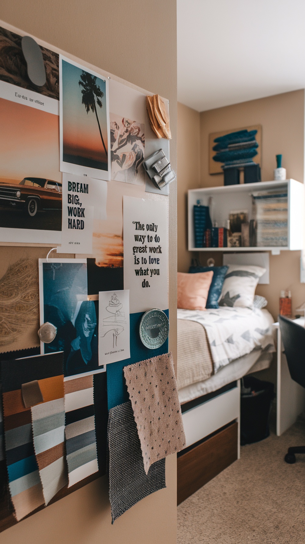 A mood board featuring photographs, fabric swatches, and motivational quotes, showcasing personal style inspiration for dorm room decor.