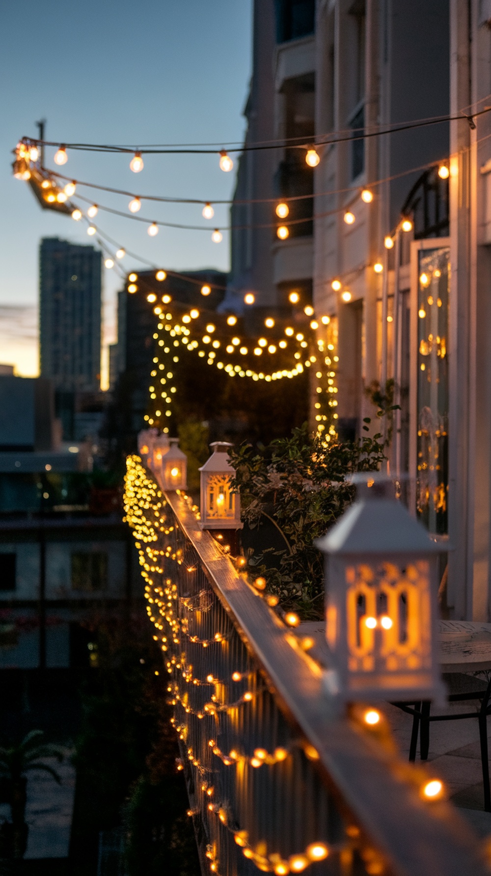 A balcony decorated with string lights and lanterns, creating a cozy atmosphere at dusk.