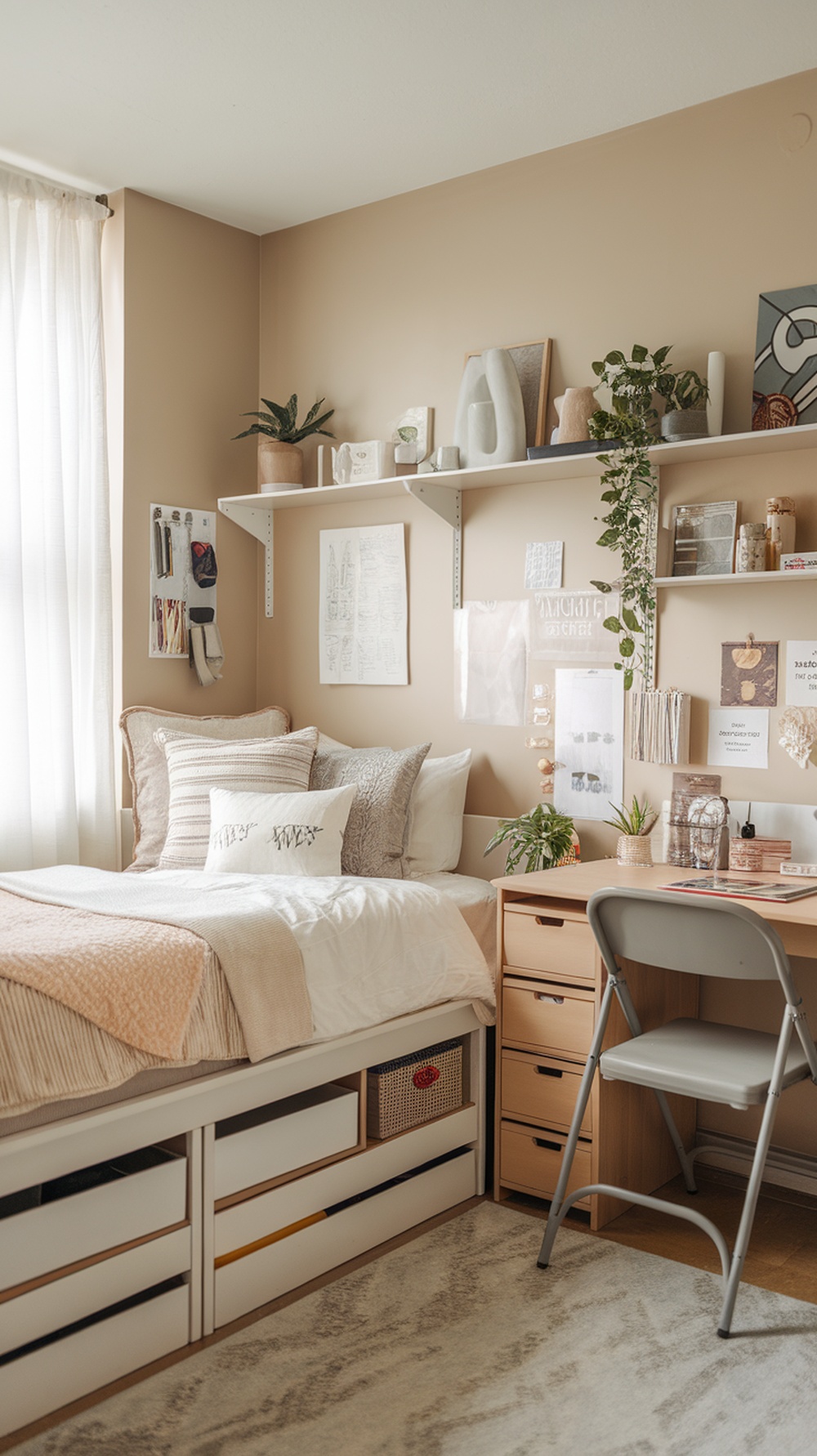 A cozy dorm room featuring a bed with storage underneath, a compact desk with drawers, and wall shelves with plants and decor.