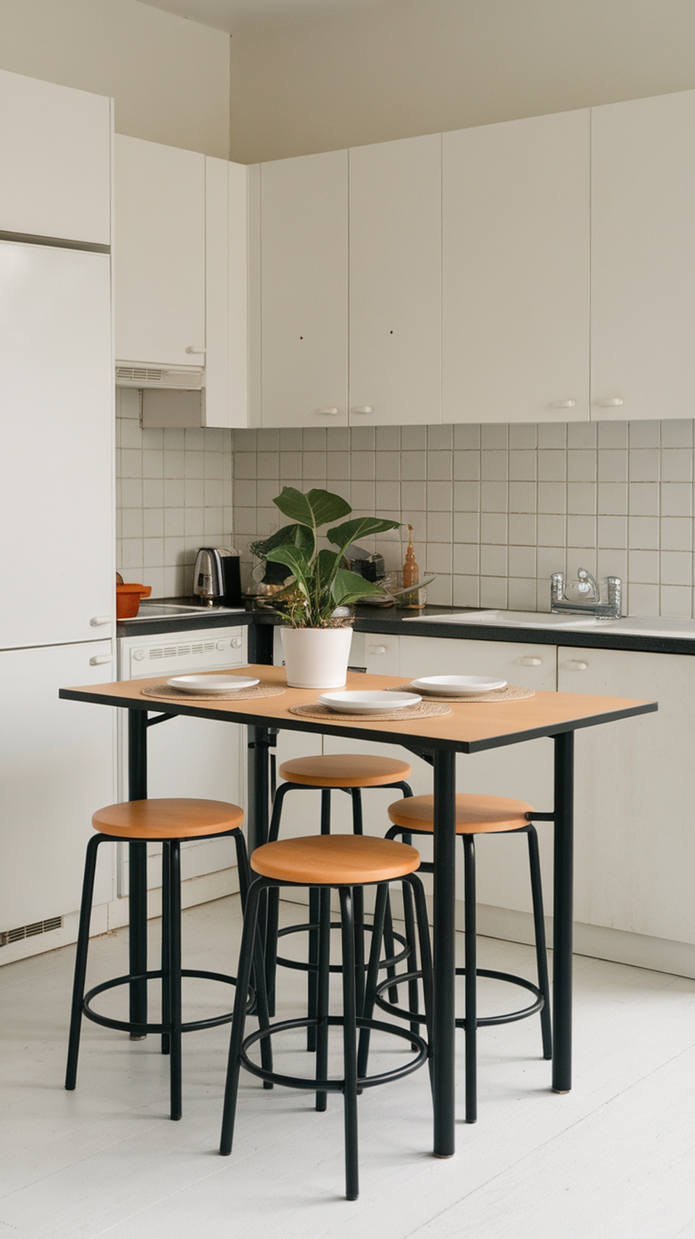 A small kitchen with a multi-functional table and stools, featuring a plant.
