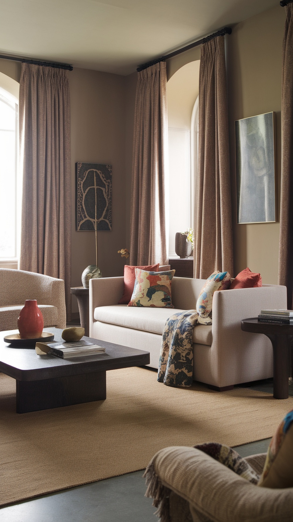 A cozy living room featuring earth tones with muted colorful accents in pillows and decor.