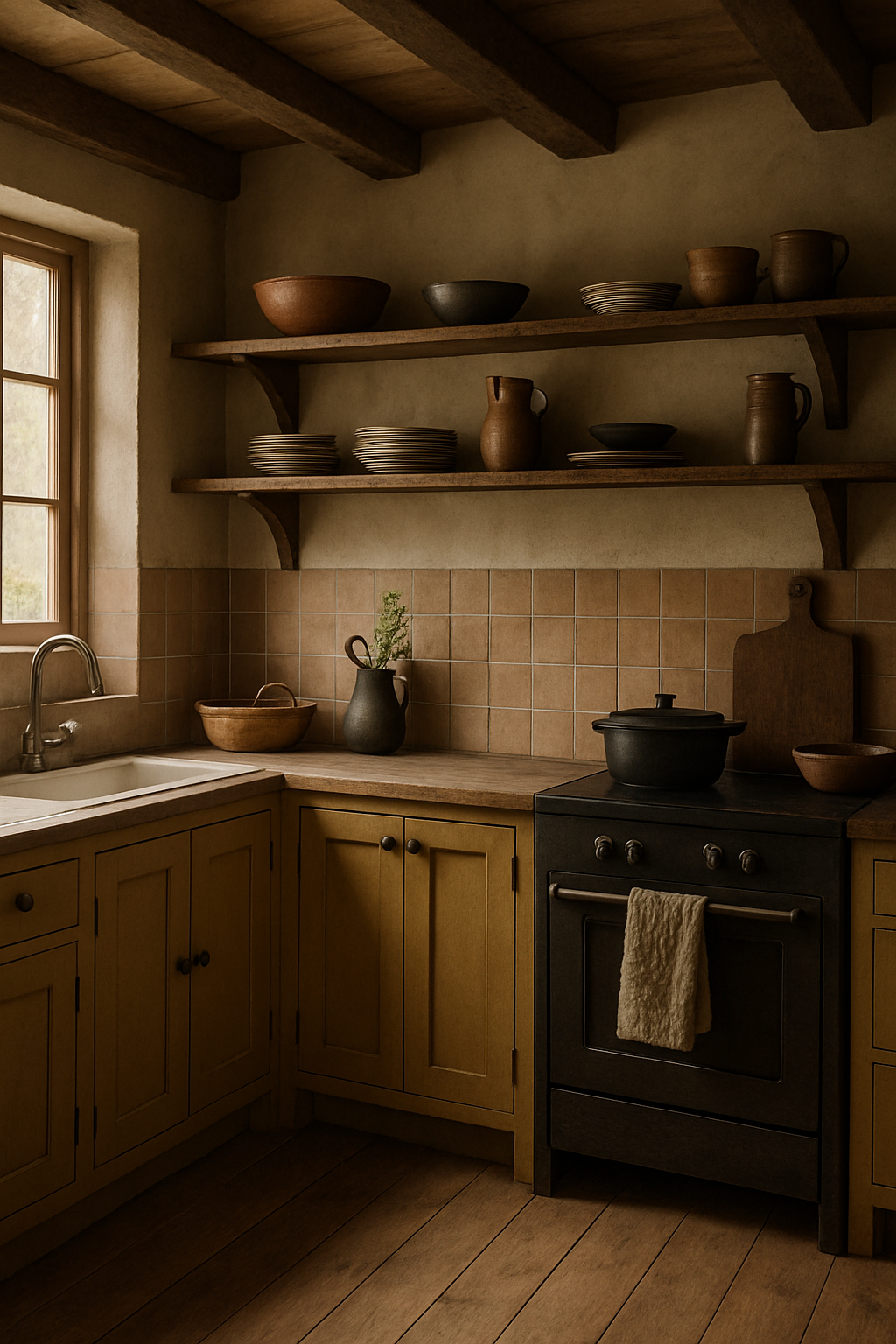 A rustic kitchen featuring muted mustard cabinets, wooden shelves, and earthy decor.