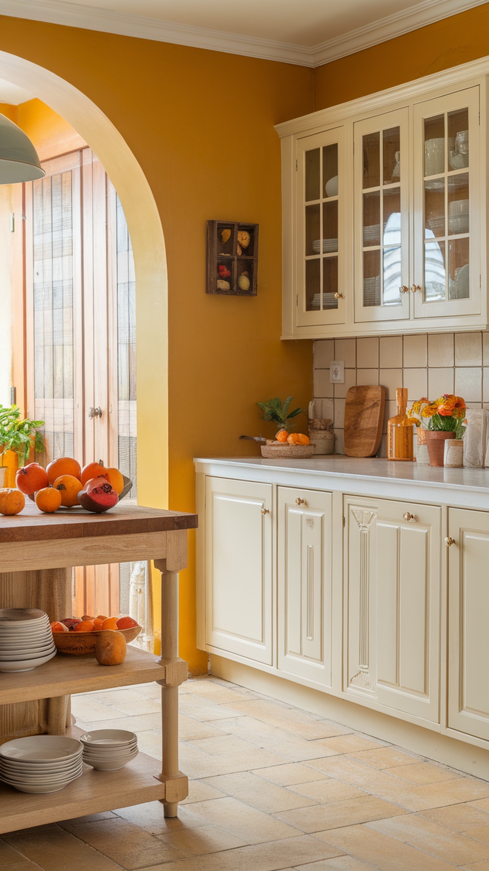 A bright kitchen with muted mustard yellow walls, light cabinetry, and natural light.