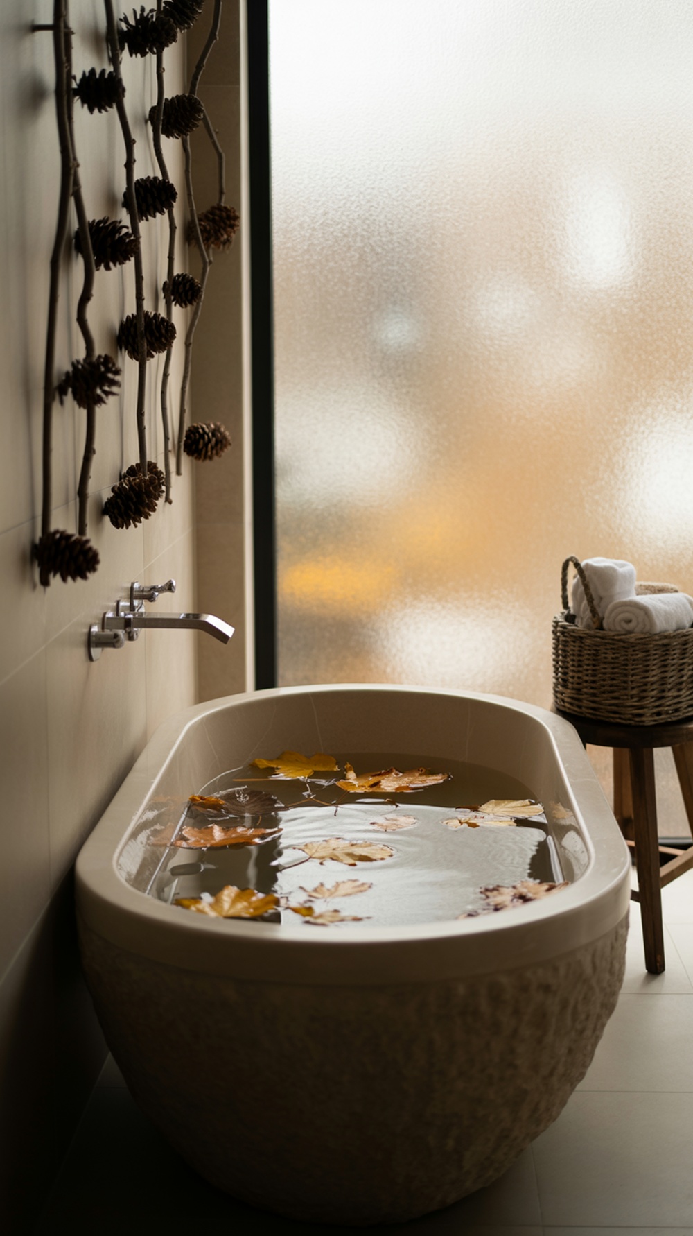 A cozy bathroom featuring pinecones on the walls and a wooden shelf, creating a natural fall decor theme.