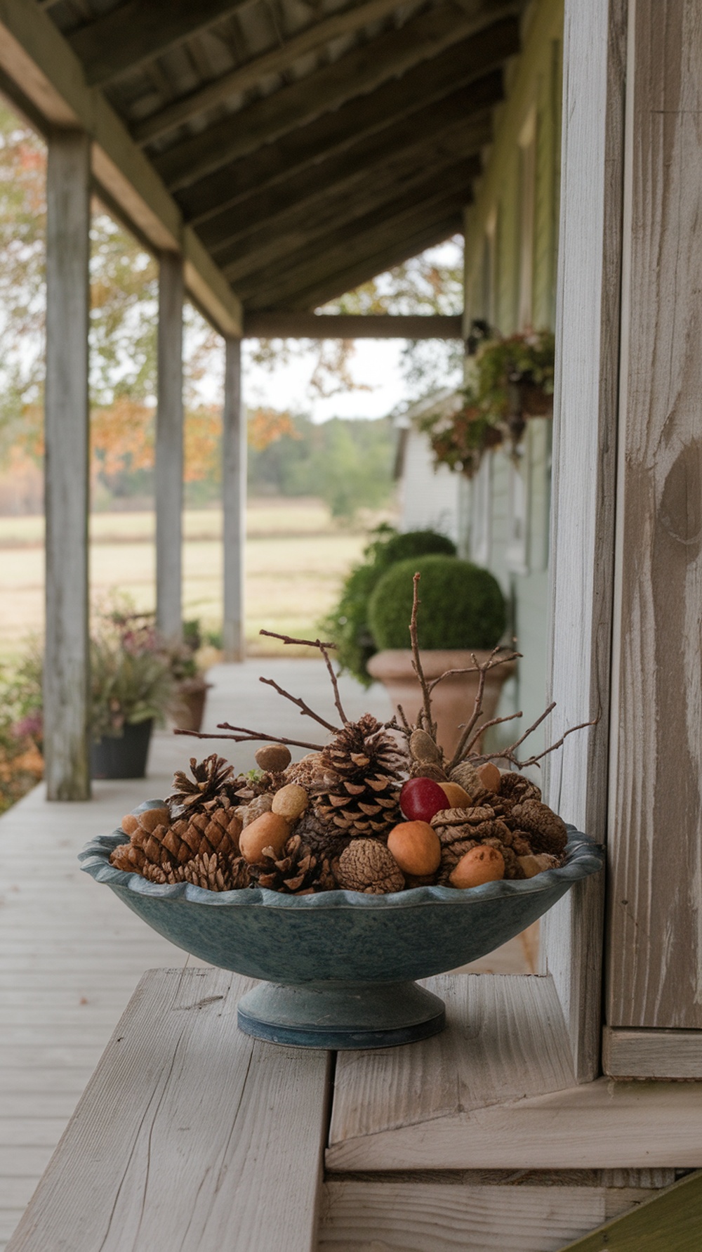 A bowl filled with pinecones and acorns on a wooden porch ledge