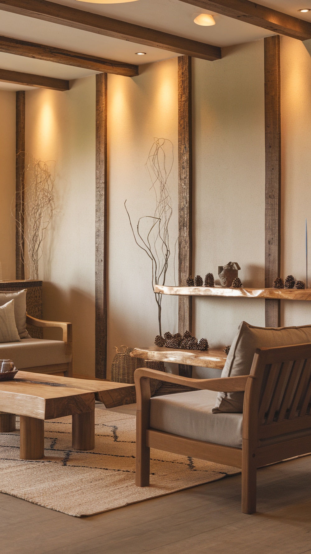 Cozy living room with wooden accents, featuring a wooden coffee table, soft furniture, and natural decor elements.