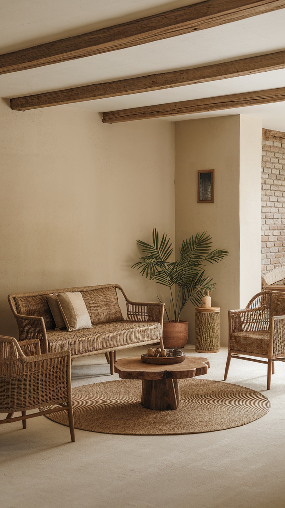 A cozy living room with natural fiber furniture, including a woven sofa and chairs, a round coffee table, and a potted plant.