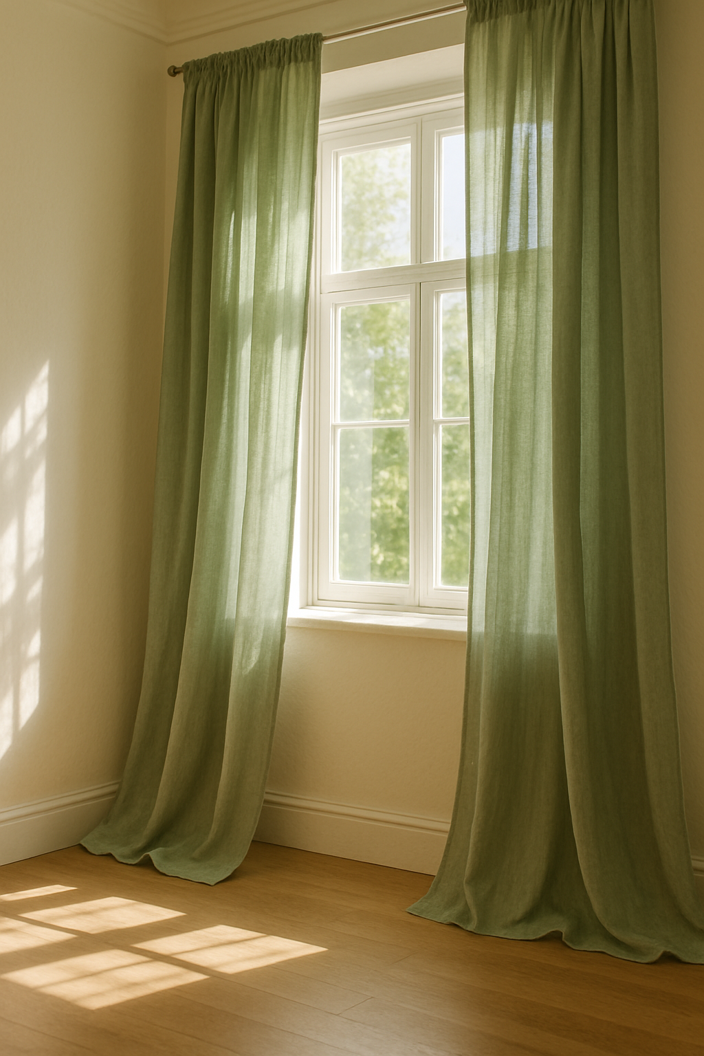 Natural sage green curtains hanging by a window, allowing soft light to filter through.