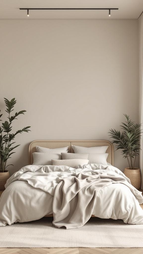 A serene bedroom featuring neutral colors, cozy bedding, and plants, embodying Japandi style.