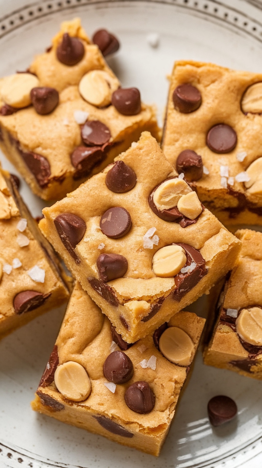 A plate of nutty chocolate chip peanut butter blondies, topped with chocolate chips and peanuts.