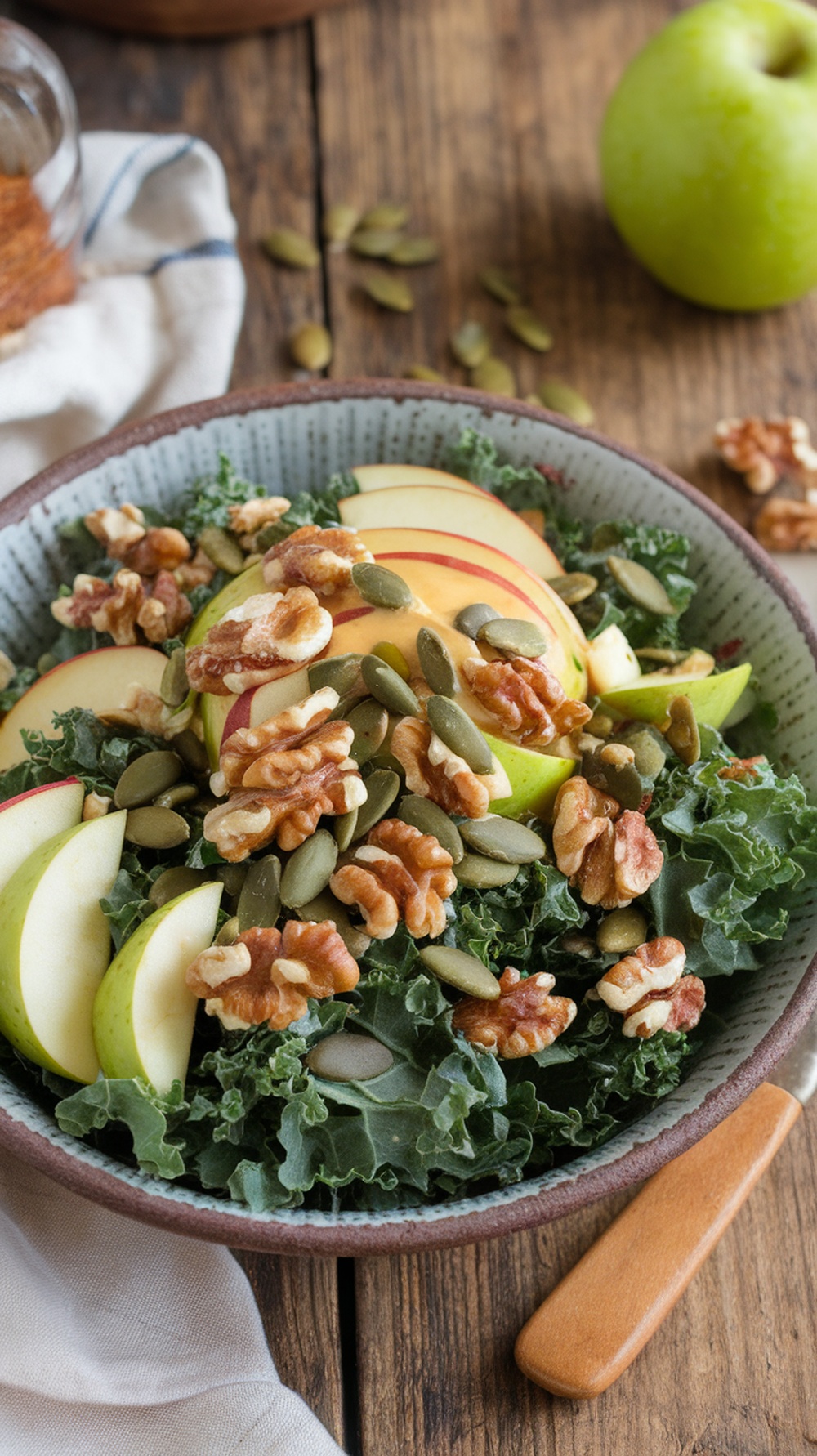 A kale apple salad topped with walnuts and pumpkin seeds in a bowl