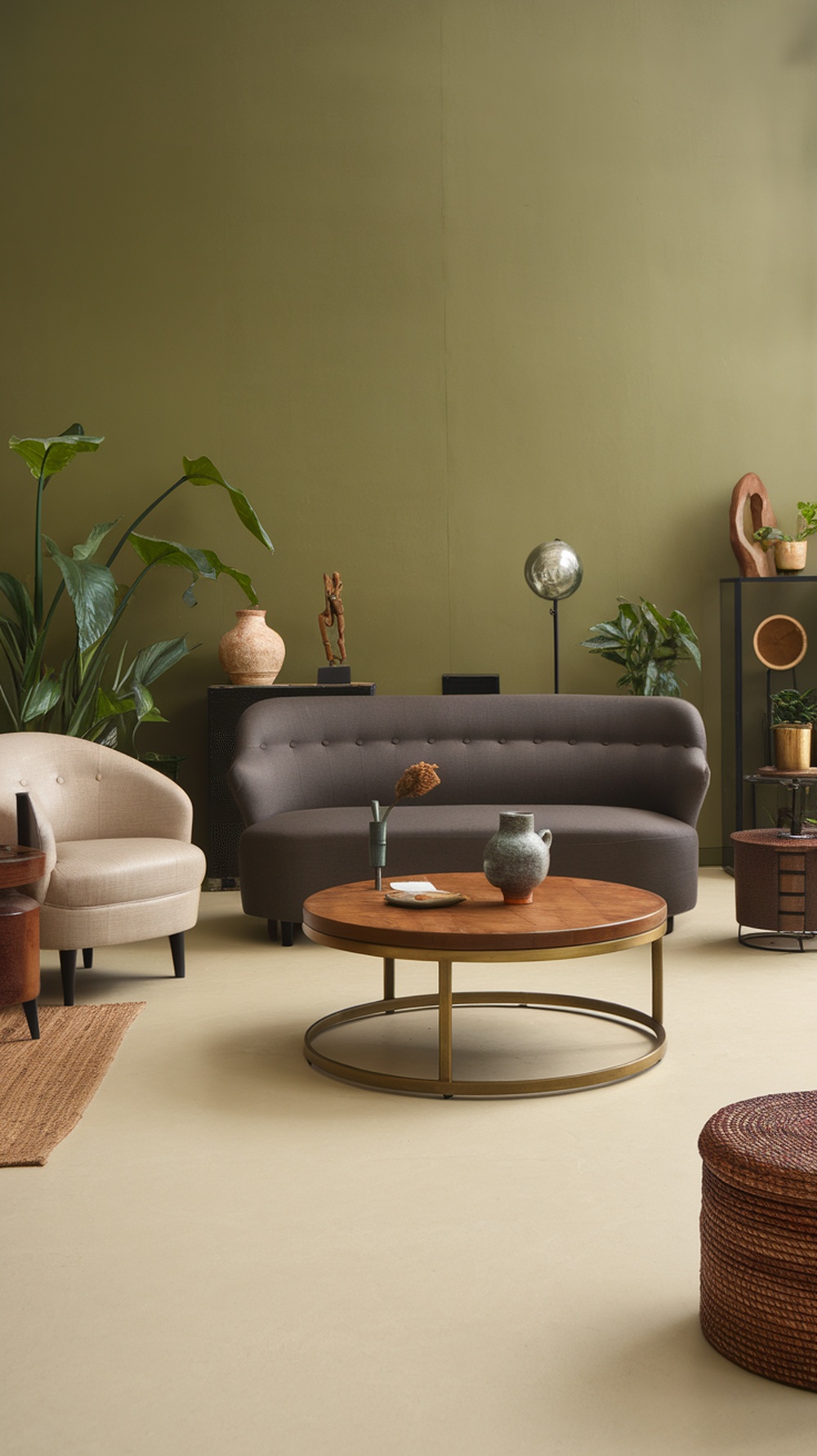A living room featuring an olive green accent wall with modern furniture and plants.
