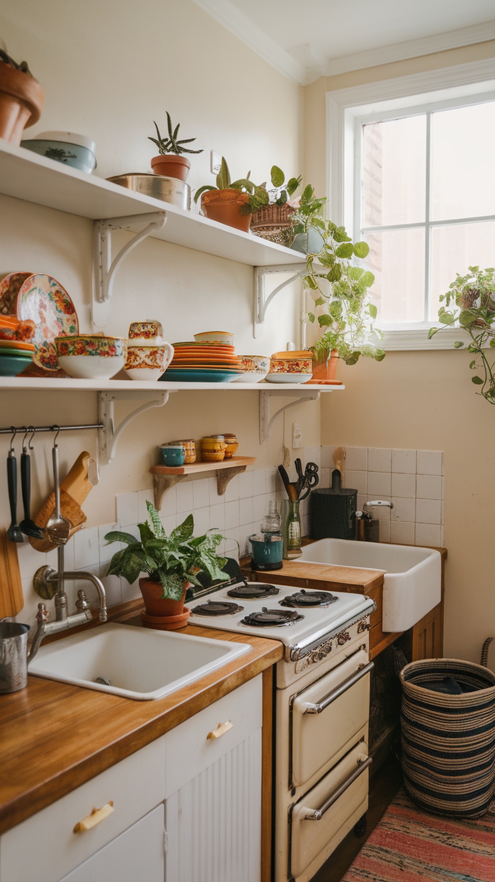 A small kitchen with open shelving displaying colorful dishes and potted plants.