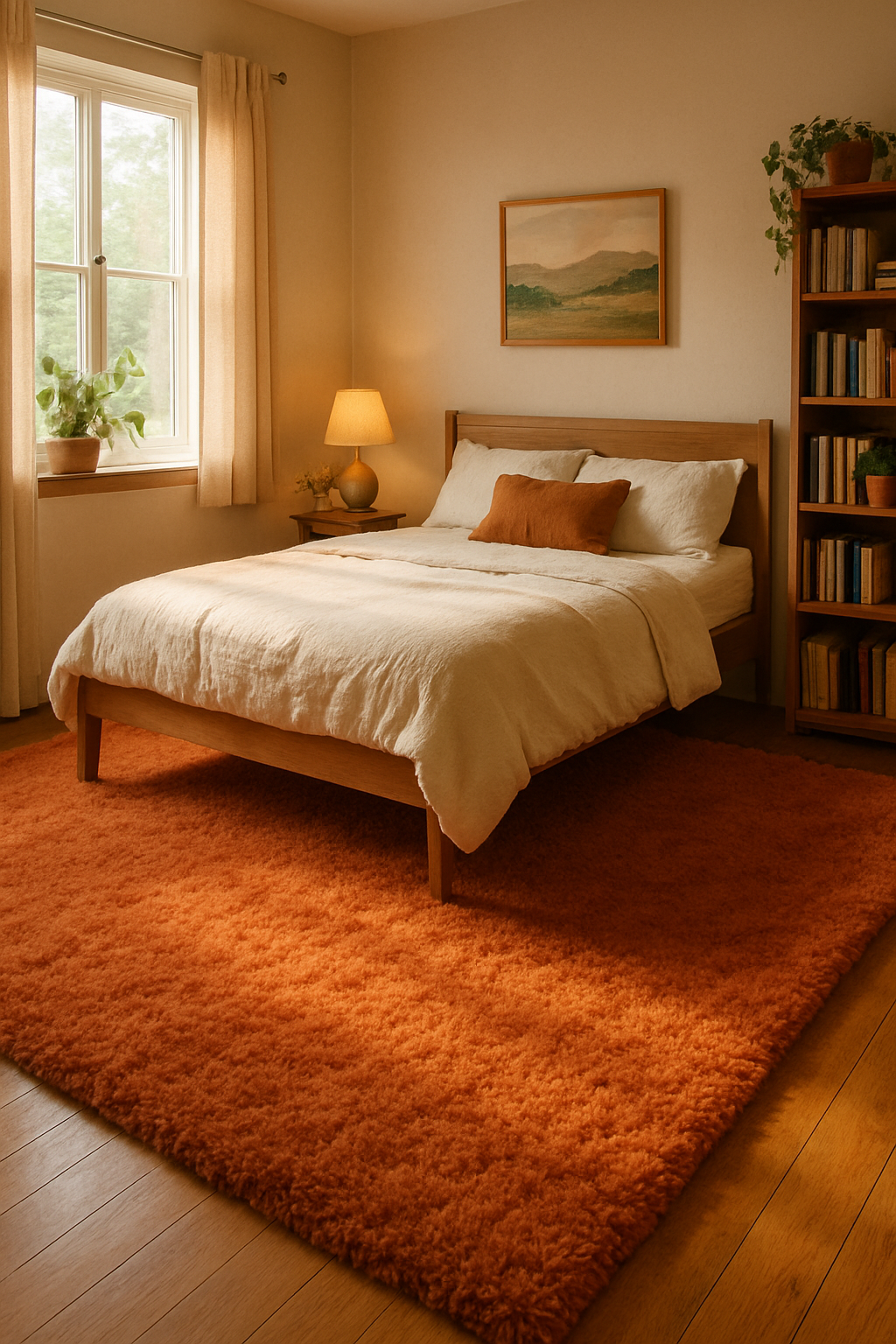 A cozy bedroom featuring a plush orange rug, a wooden bed, and soft neutral bedding.