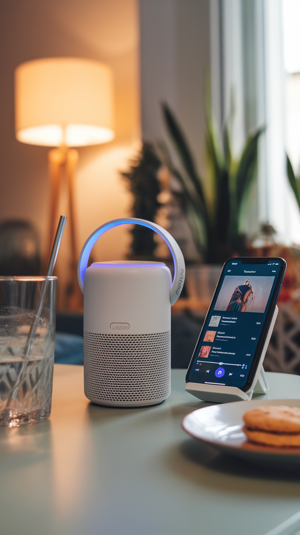 A portable speaker and smartphone on a table, ready for a backyard party music setup.