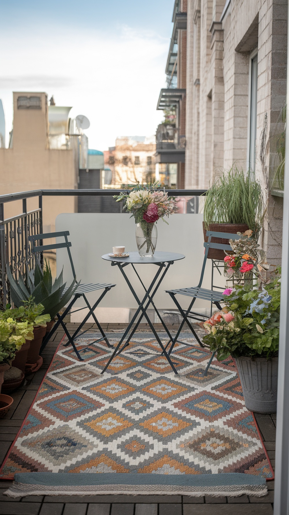 A cozy balcony with a patterned outdoor rug, two chairs, a small table, and potted plants.