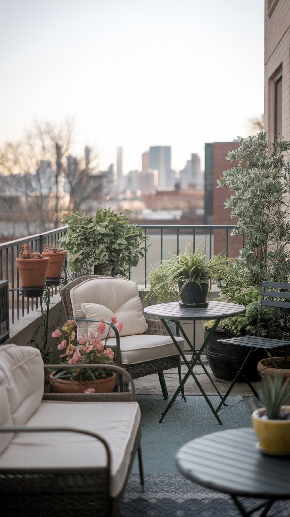 Cozy balcony with seating, plants, and a view of the city skyline.