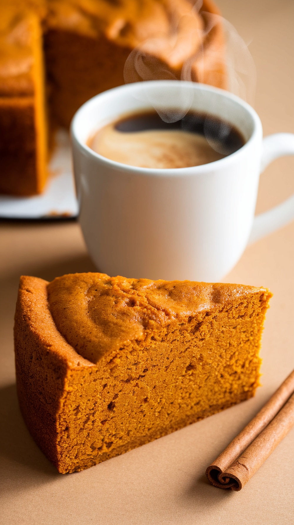 A slice of pumpkin spice cake next to a steaming cup of coffee, with cinnamon sticks on the side.