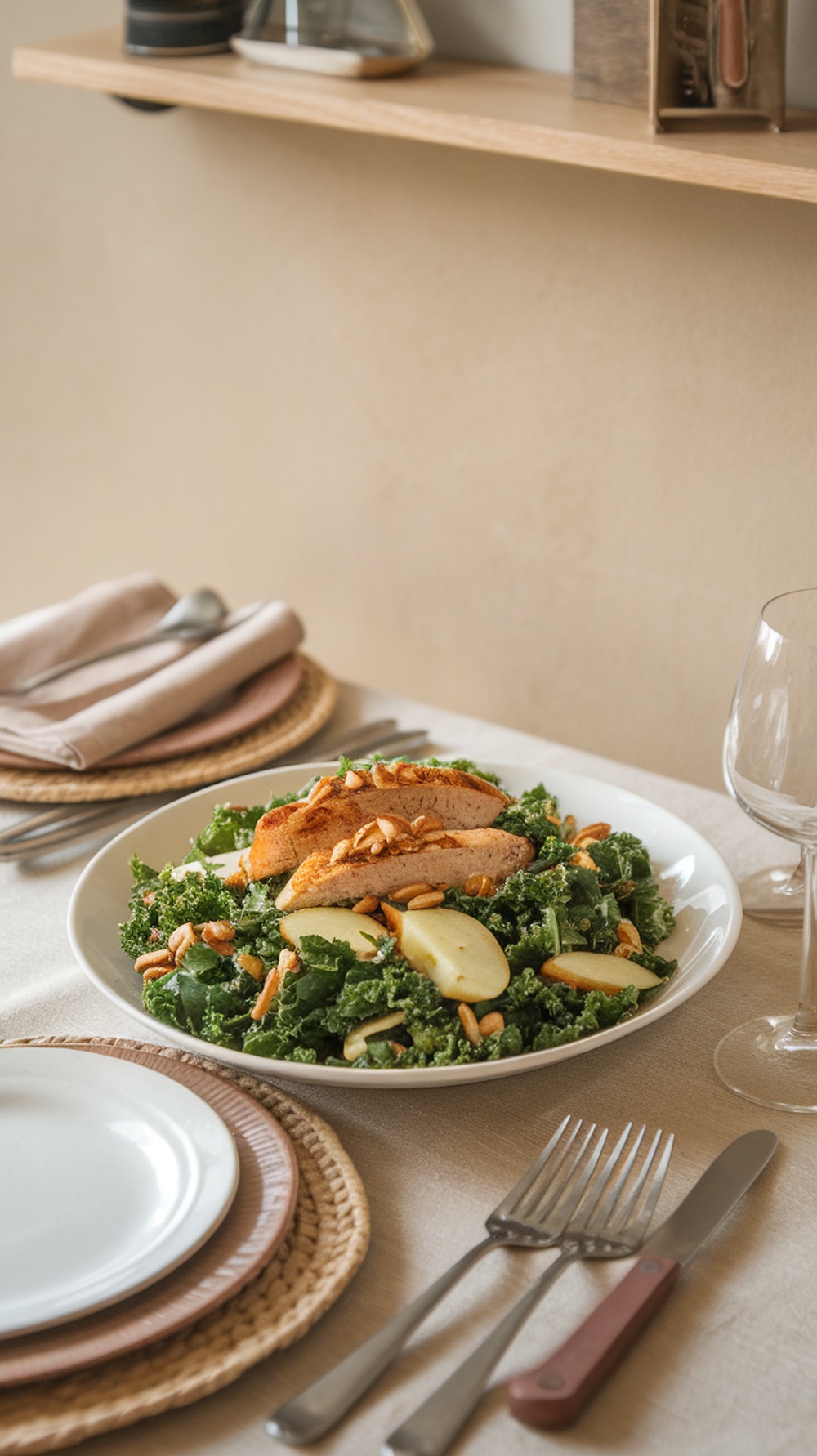 A plate of kale apple salad topped with grilled chicken, nuts, and apple slices, set on a dining table.