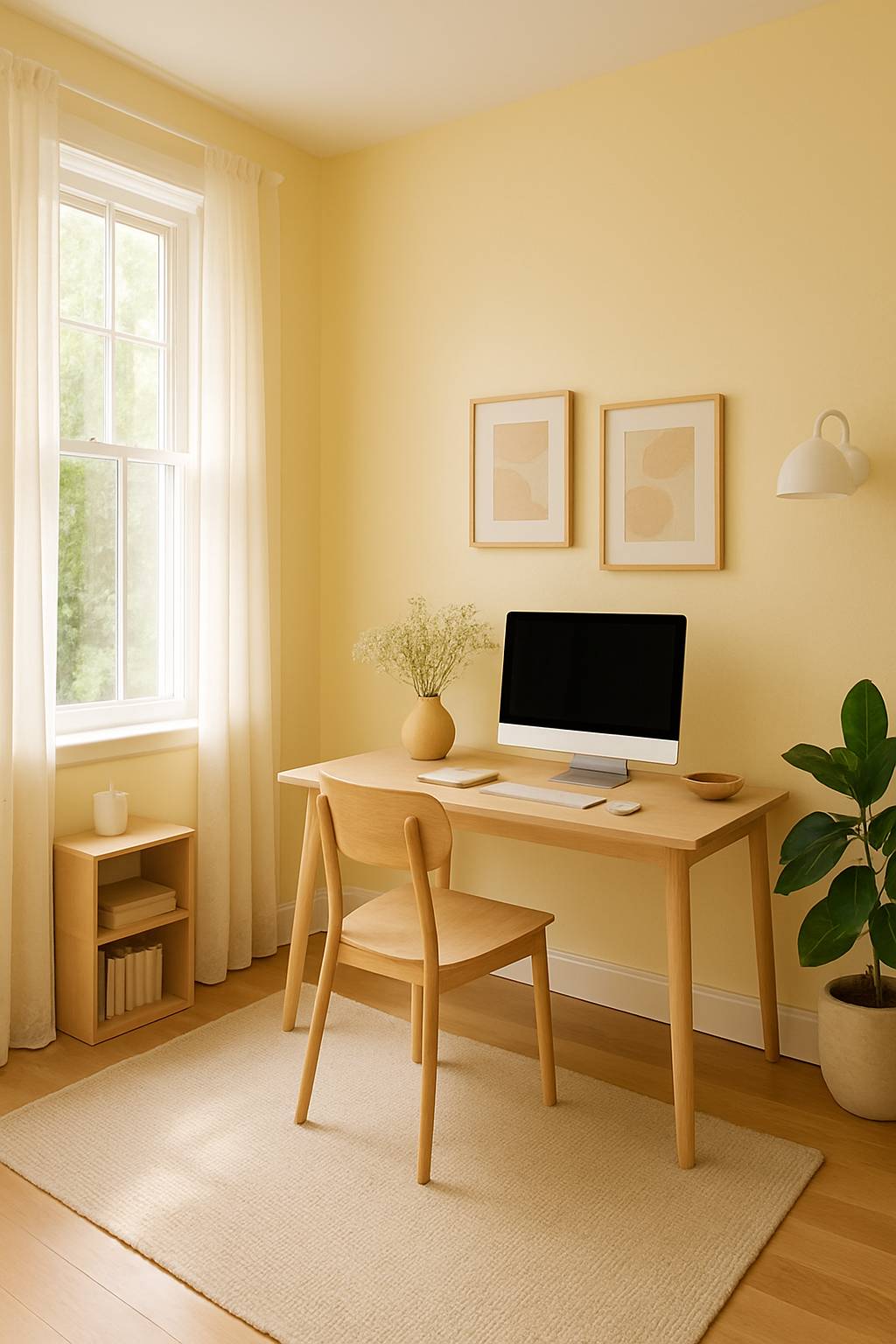 A bright and airy workspace featuring pale yellow walls, a wooden desk, a computer, and a plant.
