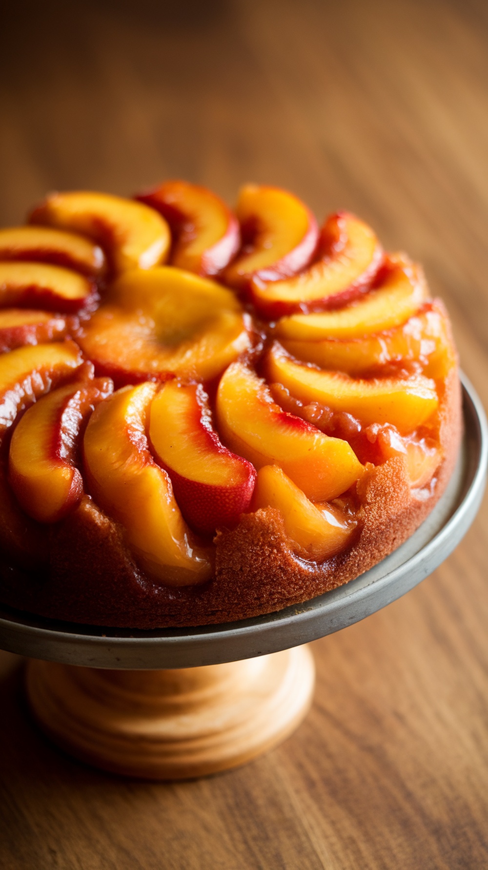 A peach upside down cake with sliced peaches arranged beautifully on top.