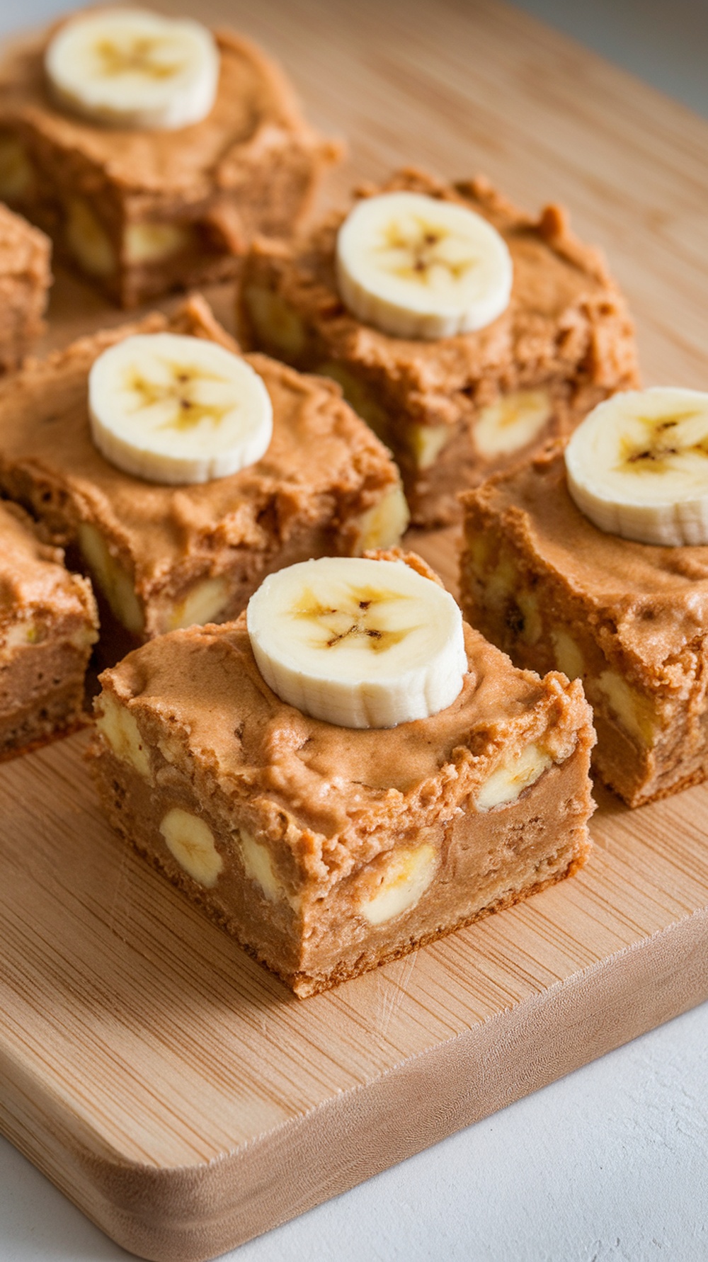 Delicious peanut butter and banana blondies topped with banana slices on a wooden cutting board.