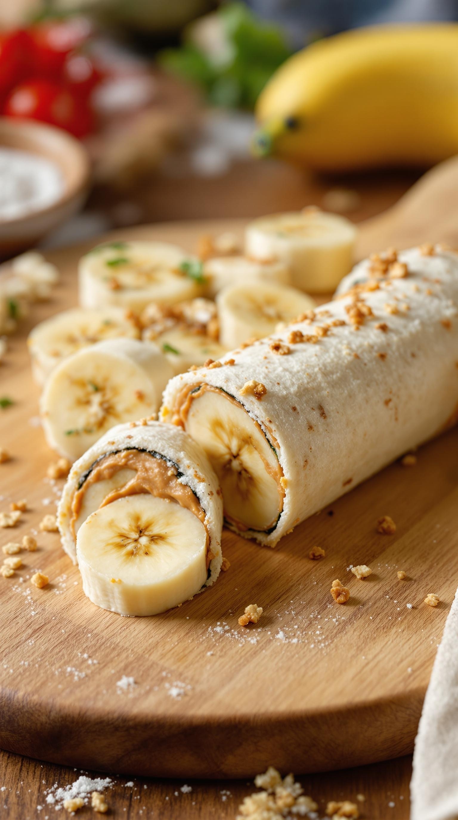 Peanut butter banana sushi rolls sliced on a wooden board, with a banana in the background.