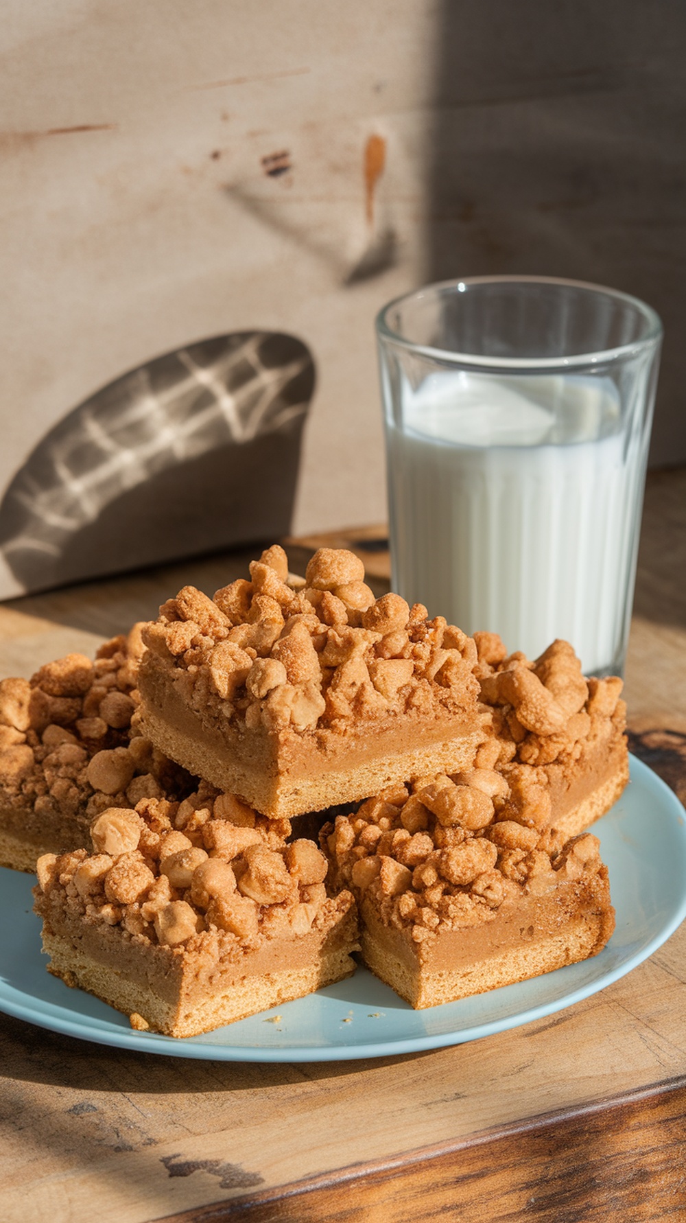 A plate of peanut butter blondies topped with a crunchy layer, next to a glass of milk.