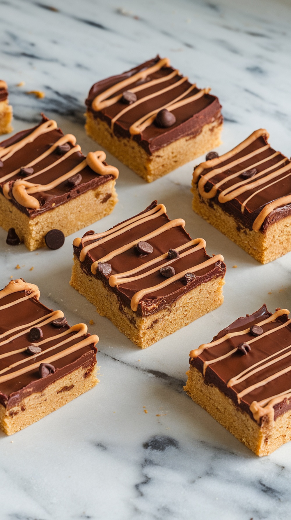 Peanut butter blondies topped with chocolate ganache and drizzled peanut butter