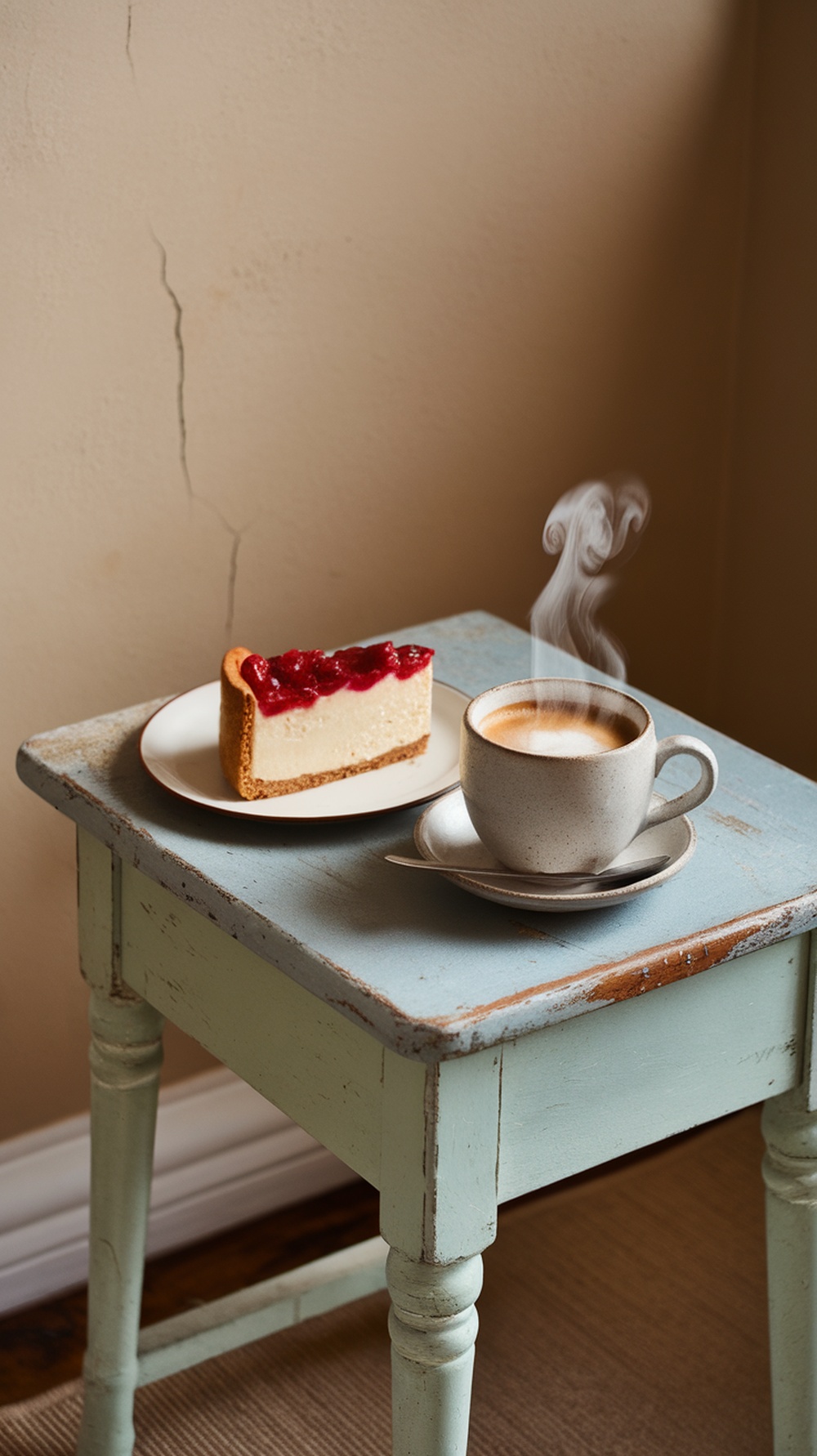 A slice of caramel apple cheesecake on a plate next to a steaming cup of coffee on a small table.