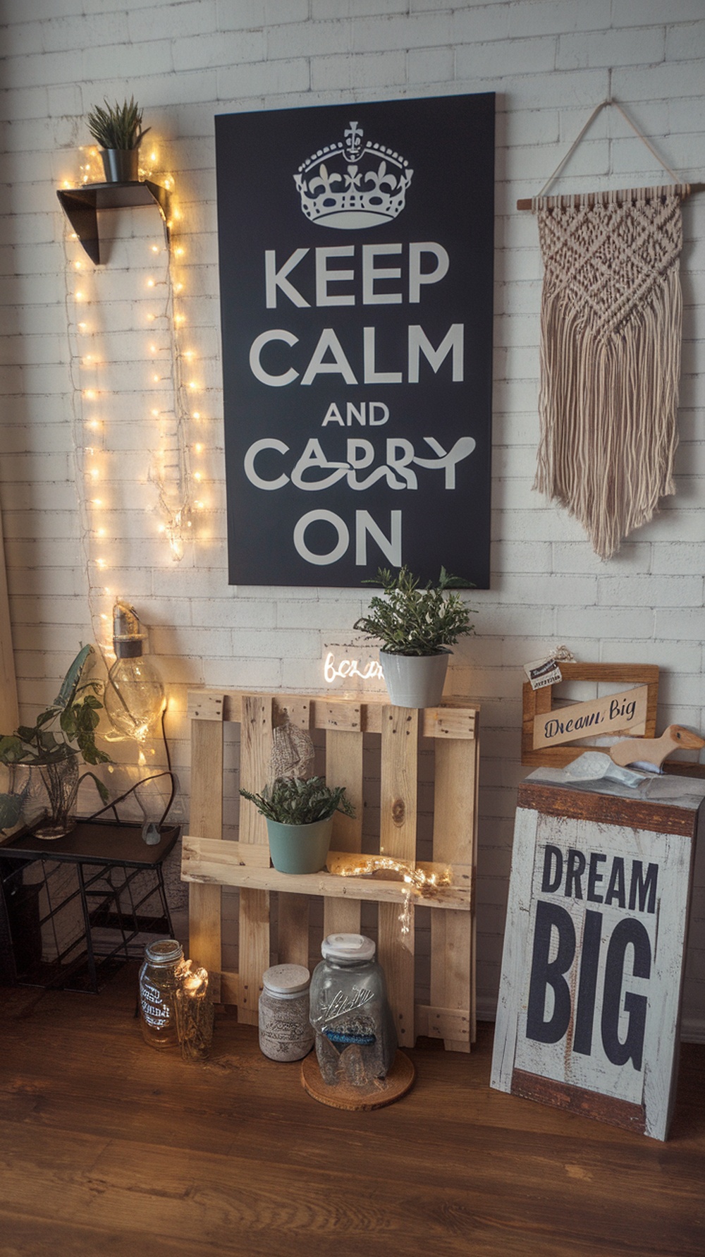 A cozy apartment corner featuring a 'KEEP CALM AND CARRY ON' poster, fairy lights, a wooden pallet shelf with plants, and decorative jars.