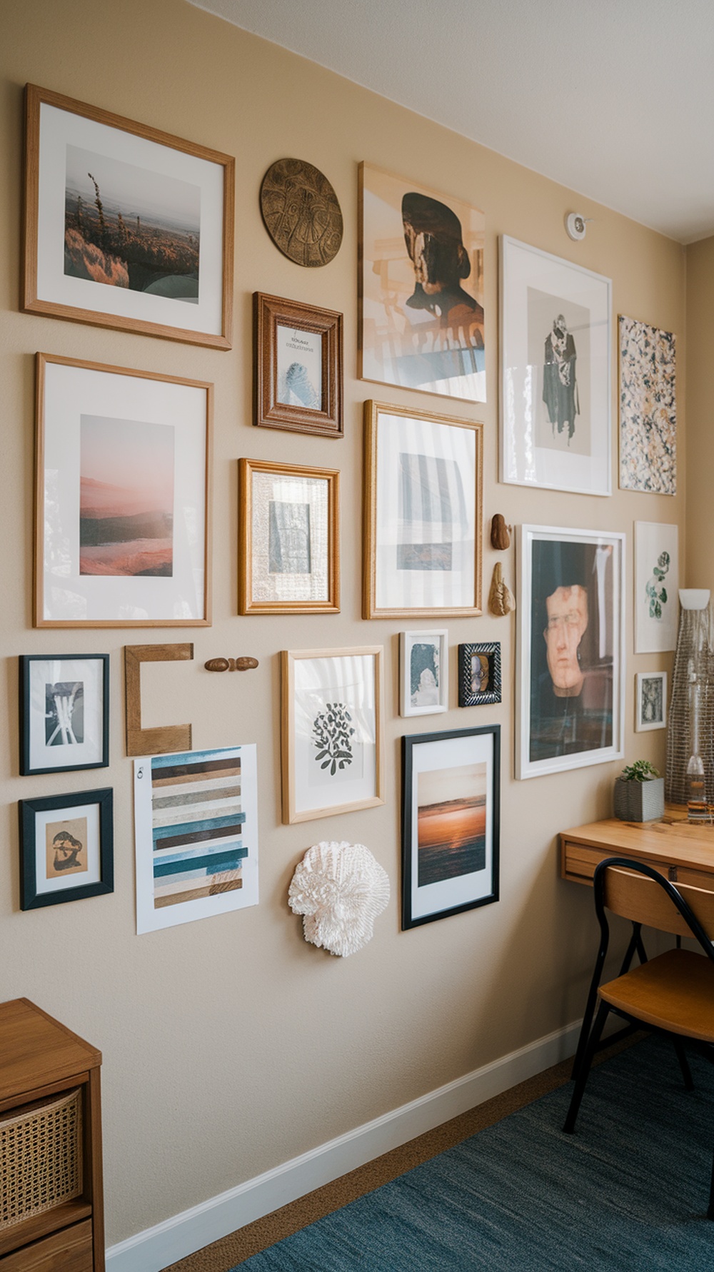 A personalized gallery wall with various framed photos and artwork in a dorm room setting.