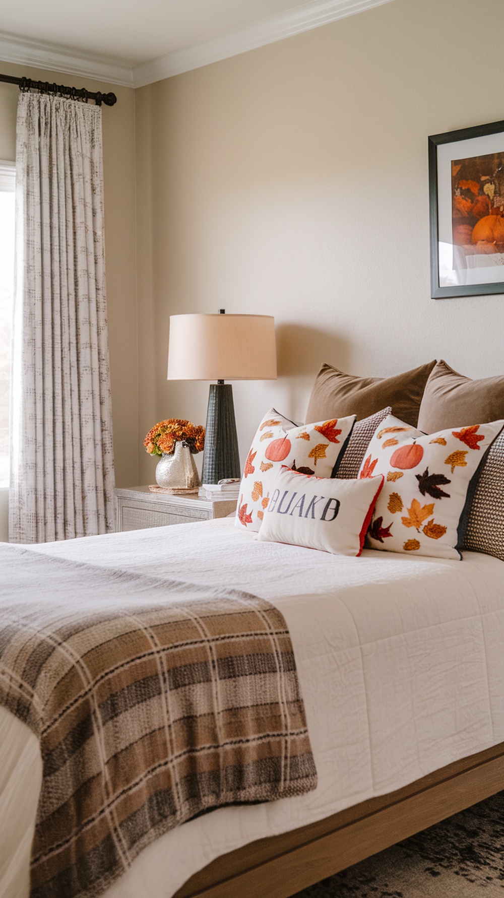 A cozy bedroom featuring personalized throw pillows with autumn designs on a neatly made bed.