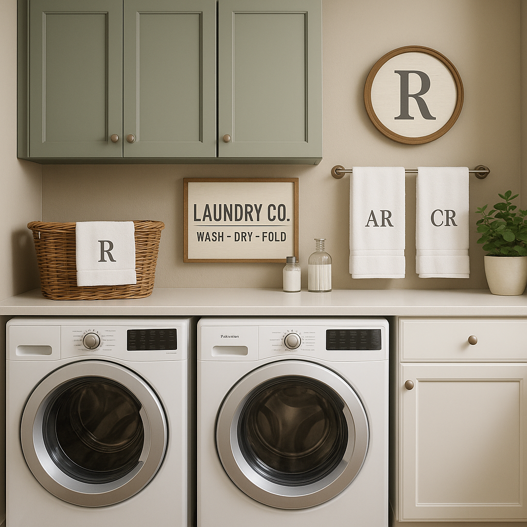 A stylish laundry room featuring framed letters on the wall, a woven basket, and a round rug.
