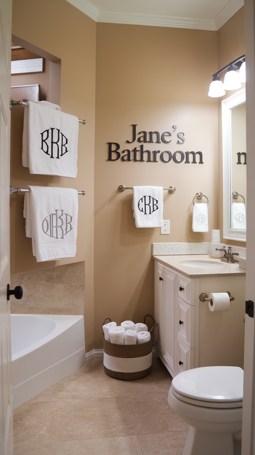 A cozy bathroom featuring monogrammed towels, a name sign, and a decorative basket with rolled towels.