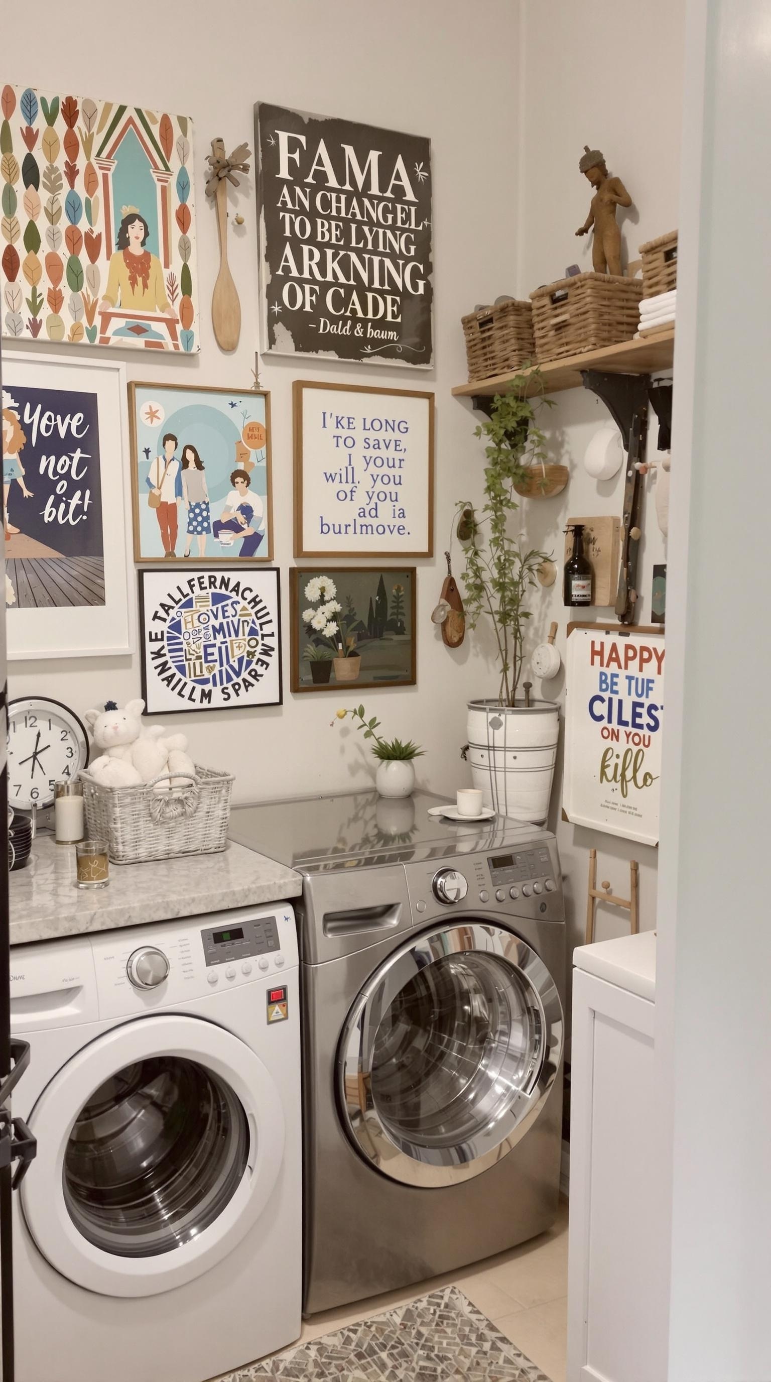A stylish laundry room with decorative accents, featuring framed artwork, plants, and modern appliances.