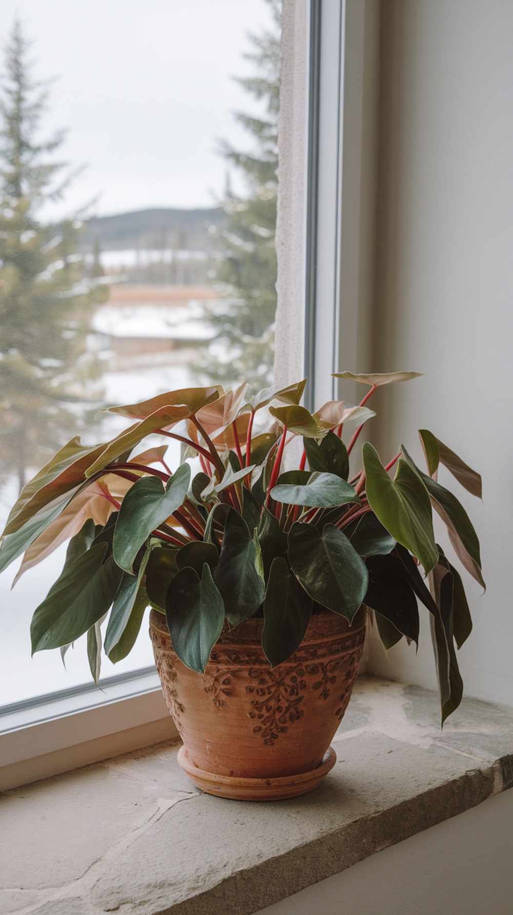 A Philodendron plant in a decorative pot sitting on a windowsill with a snowy landscape outside.