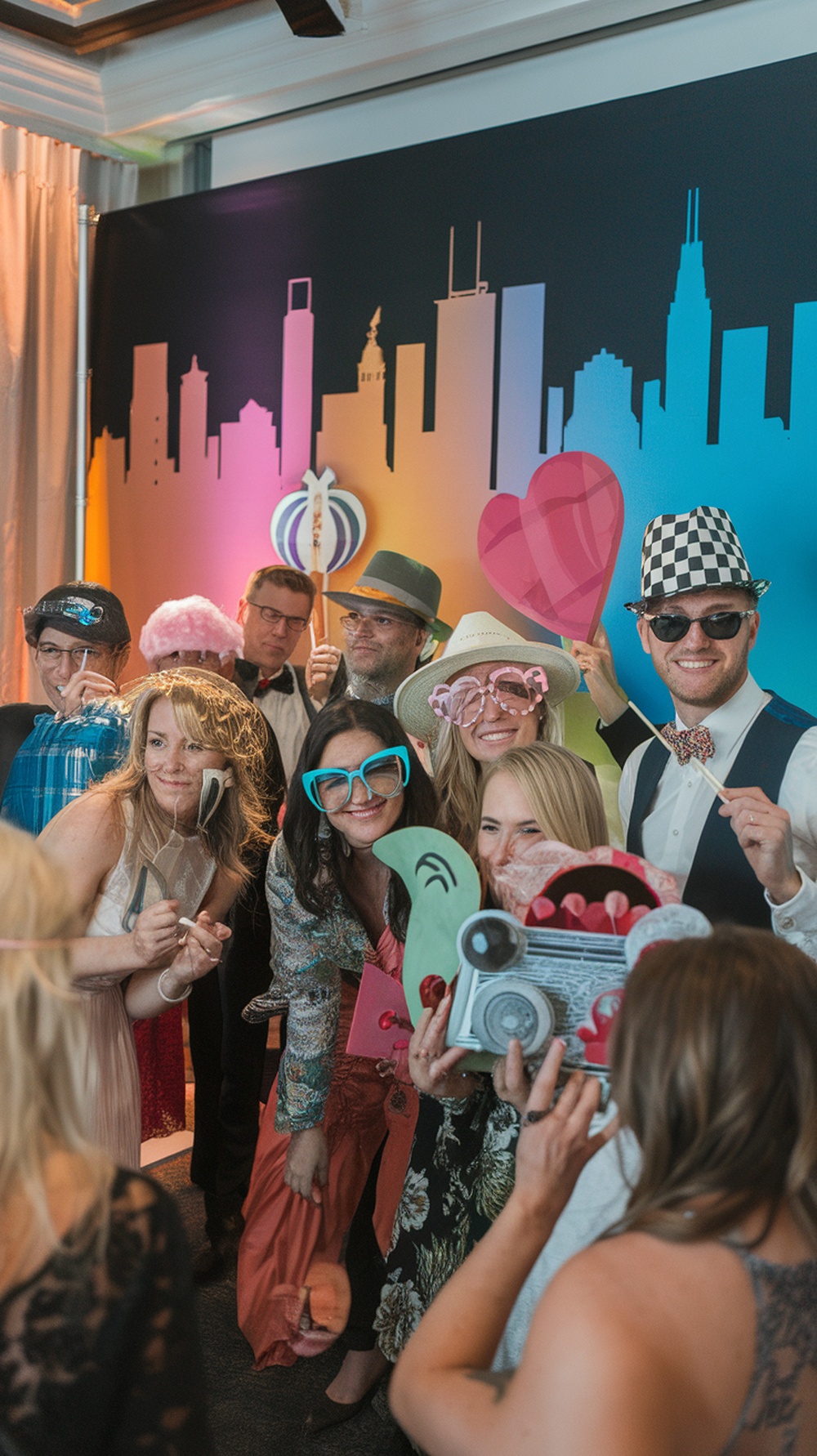 Group of friends having fun at a photo booth with colorful props and backdrop.
