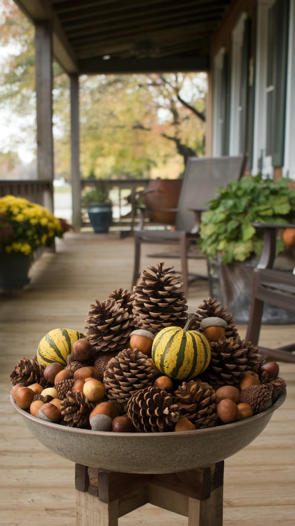 A cozy porch decorated with pinecones and acorns, surrounded by autumn leaves.