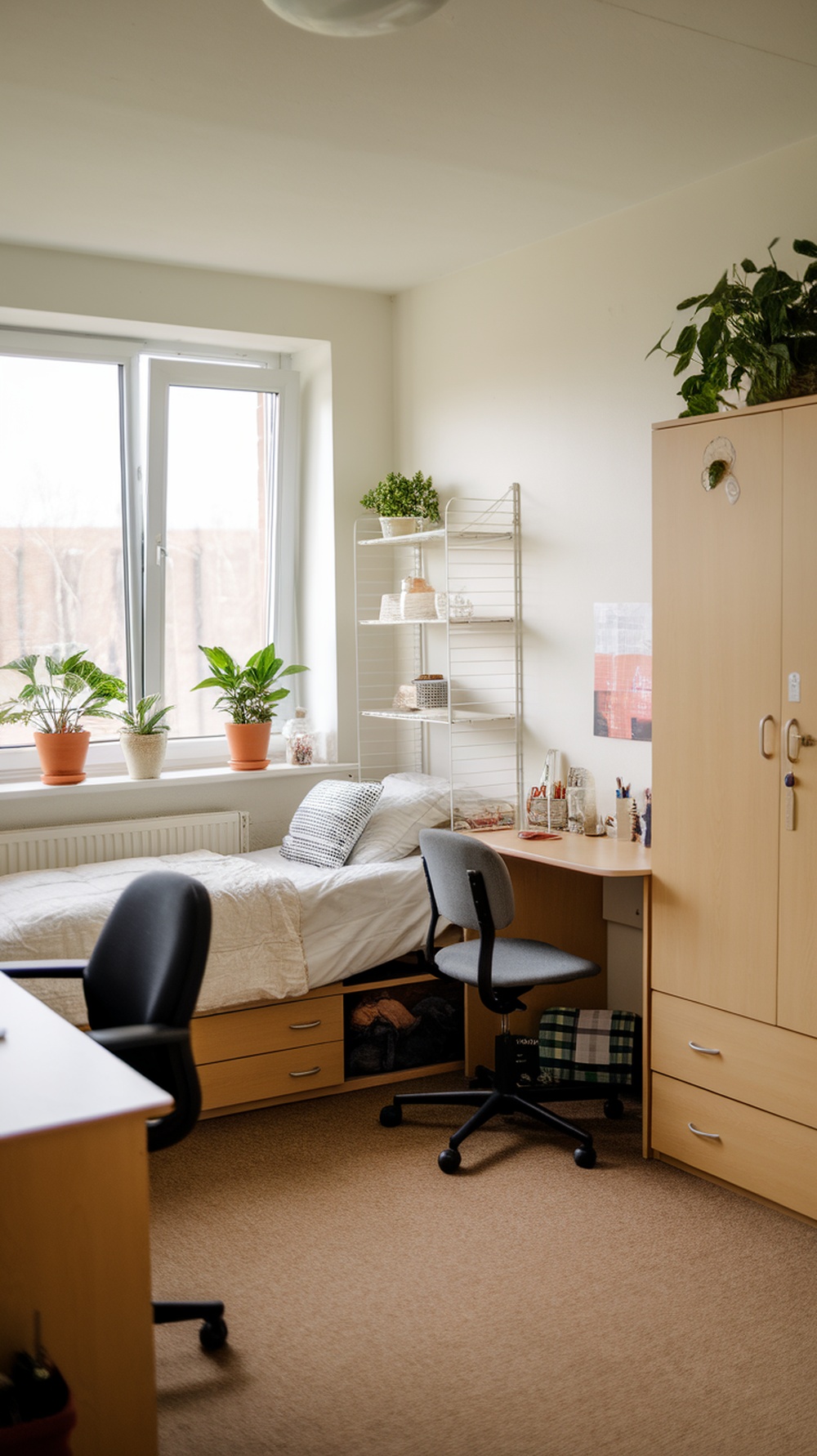 A cozy dorm room with a bed, desk, and several potted plants on the windowsill and shelf.