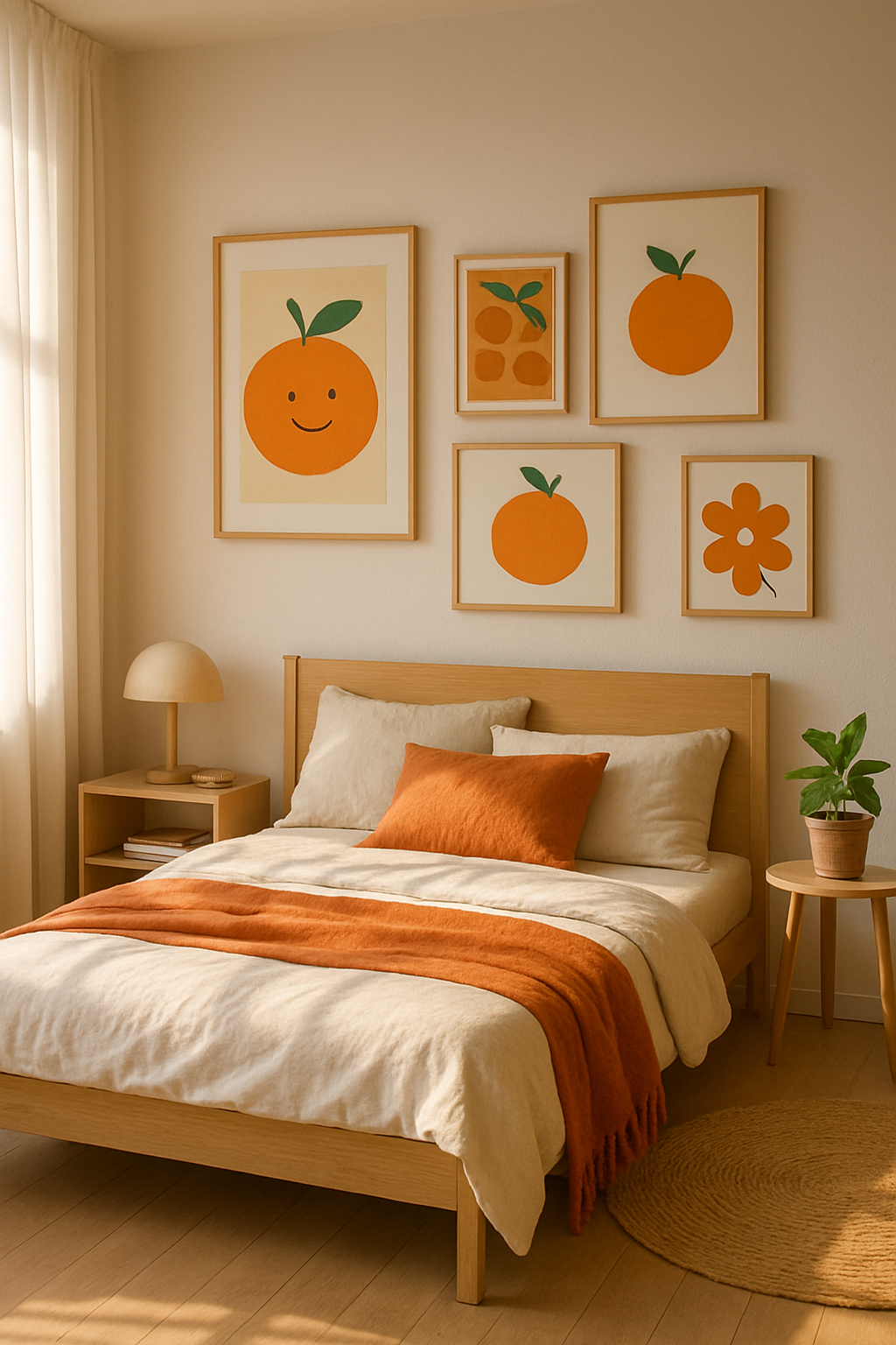 A cozy bedroom featuring playful orange artwork on the wall, with a bed dressed in neutral tones and an orange throw blanket.