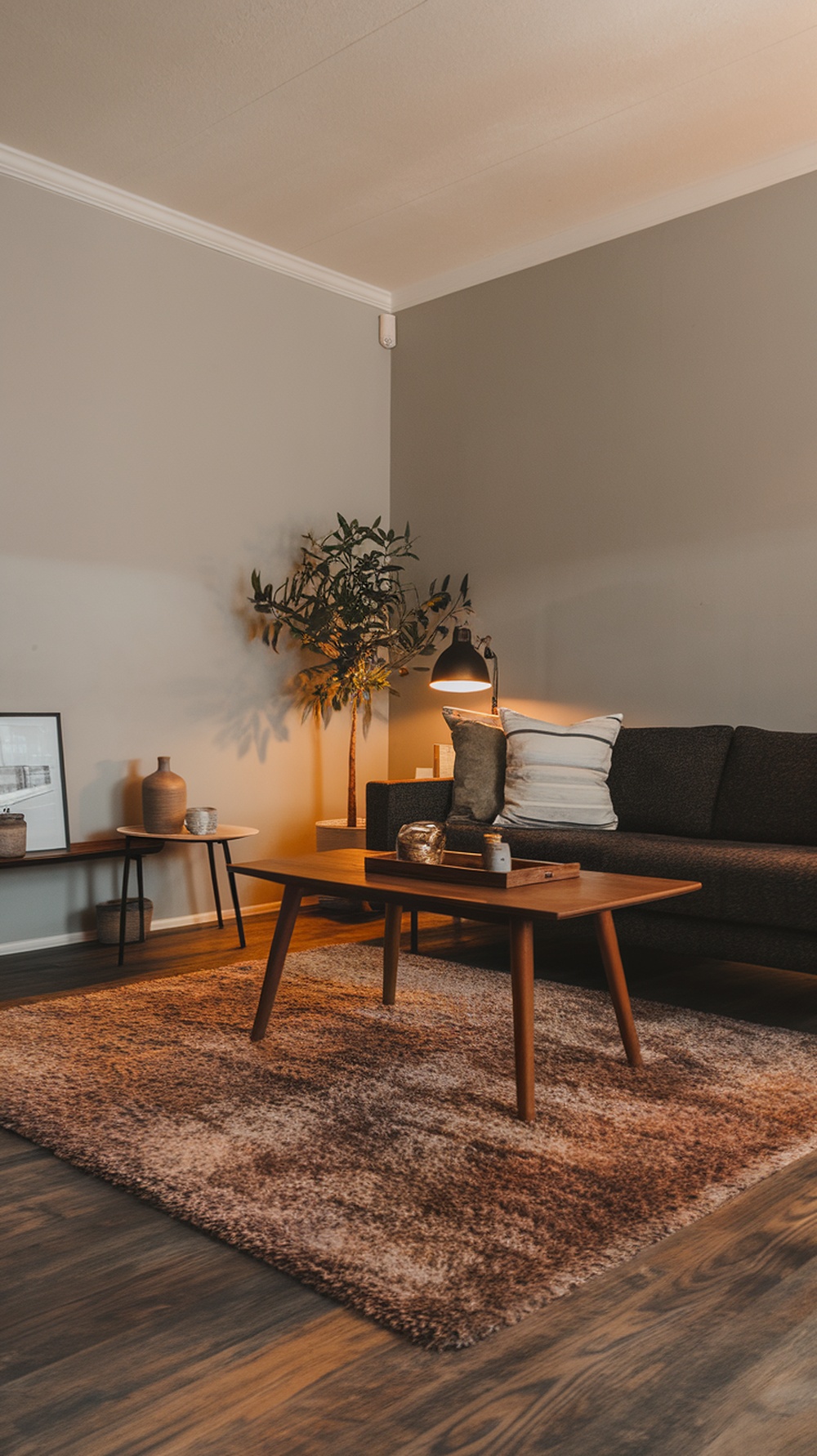 A cozy living room with a plush rug, sofa, and coffee table, creating a warm atmosphere.
