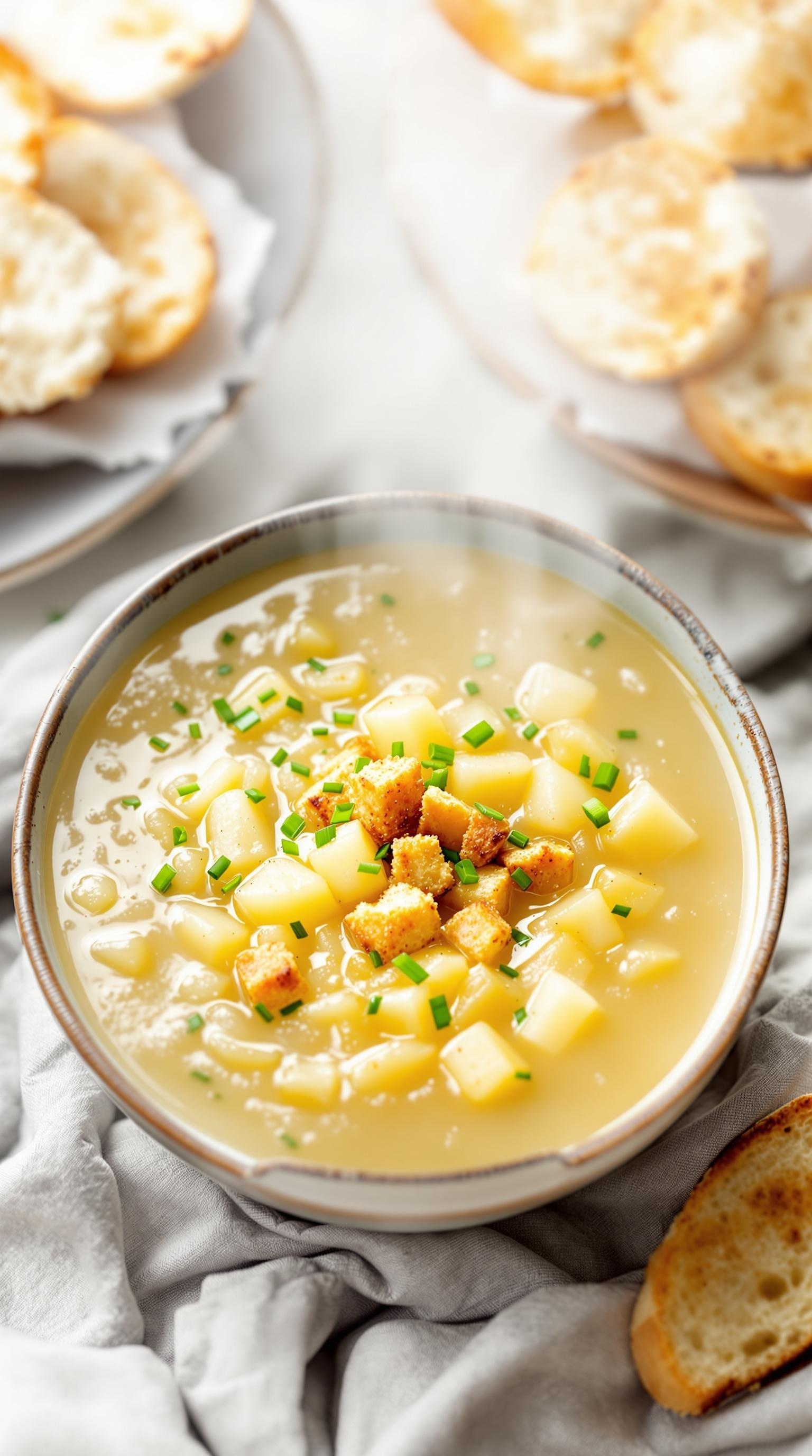 A bowl of potato and leek soup topped with croutons and chives, with toasted bread in the background.