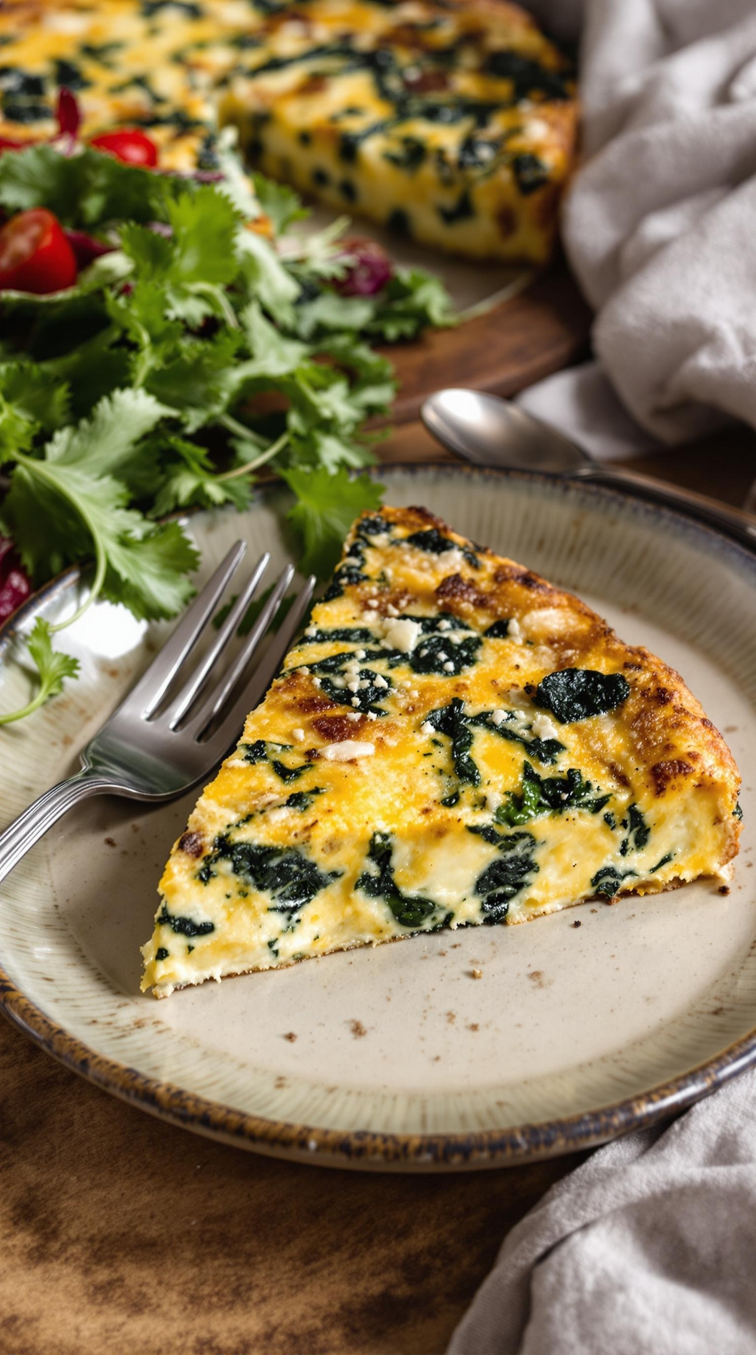 A slice of potato frittata with spinach on a plate, garnished with fresh herbs and served with a side salad.