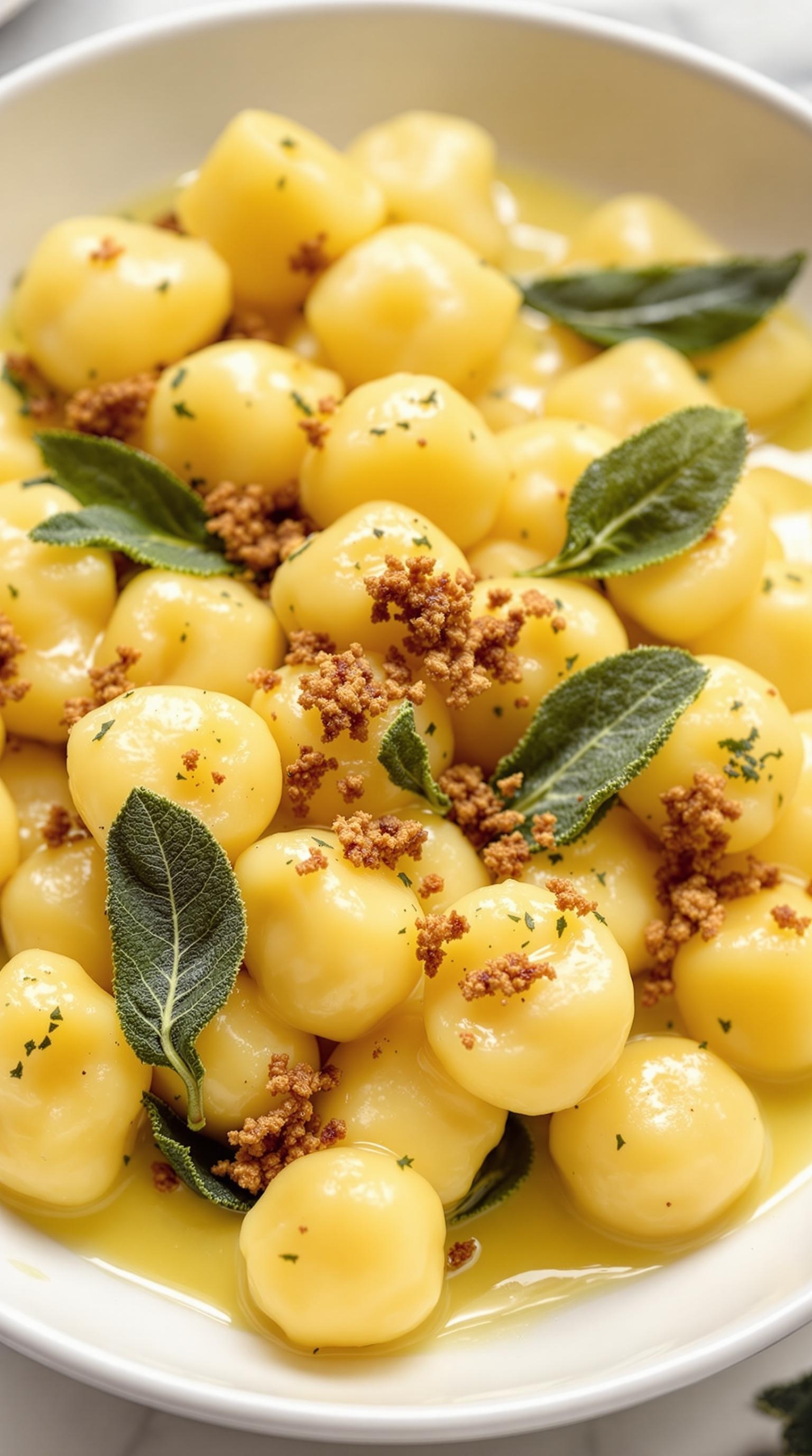 A bowl of potato gnocchi topped with sage leaves and crispy bits in a buttery sauce.