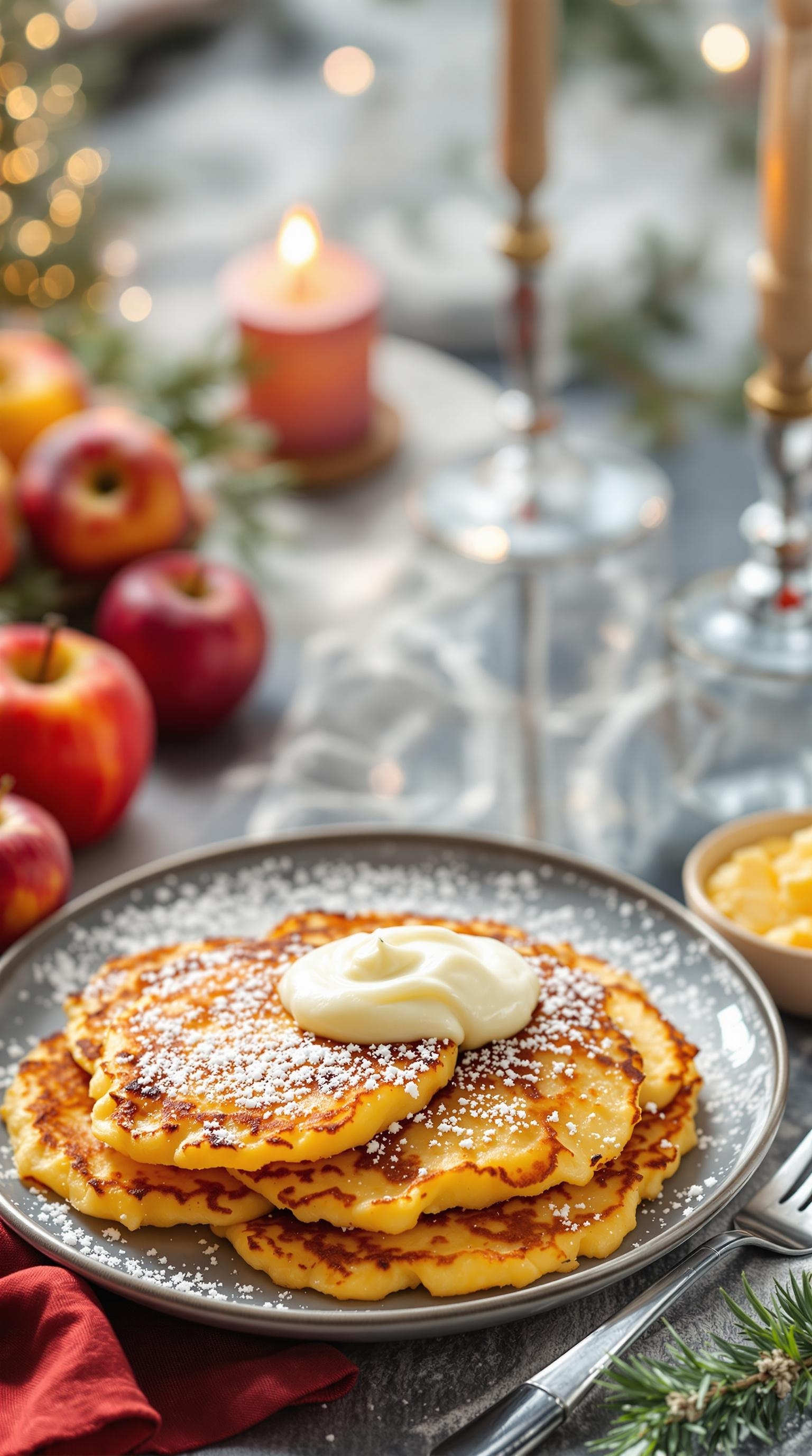 A plate of potato pancakes topped with cream and powdered sugar, surrounded by fresh apples and a cozy candlelit setting.